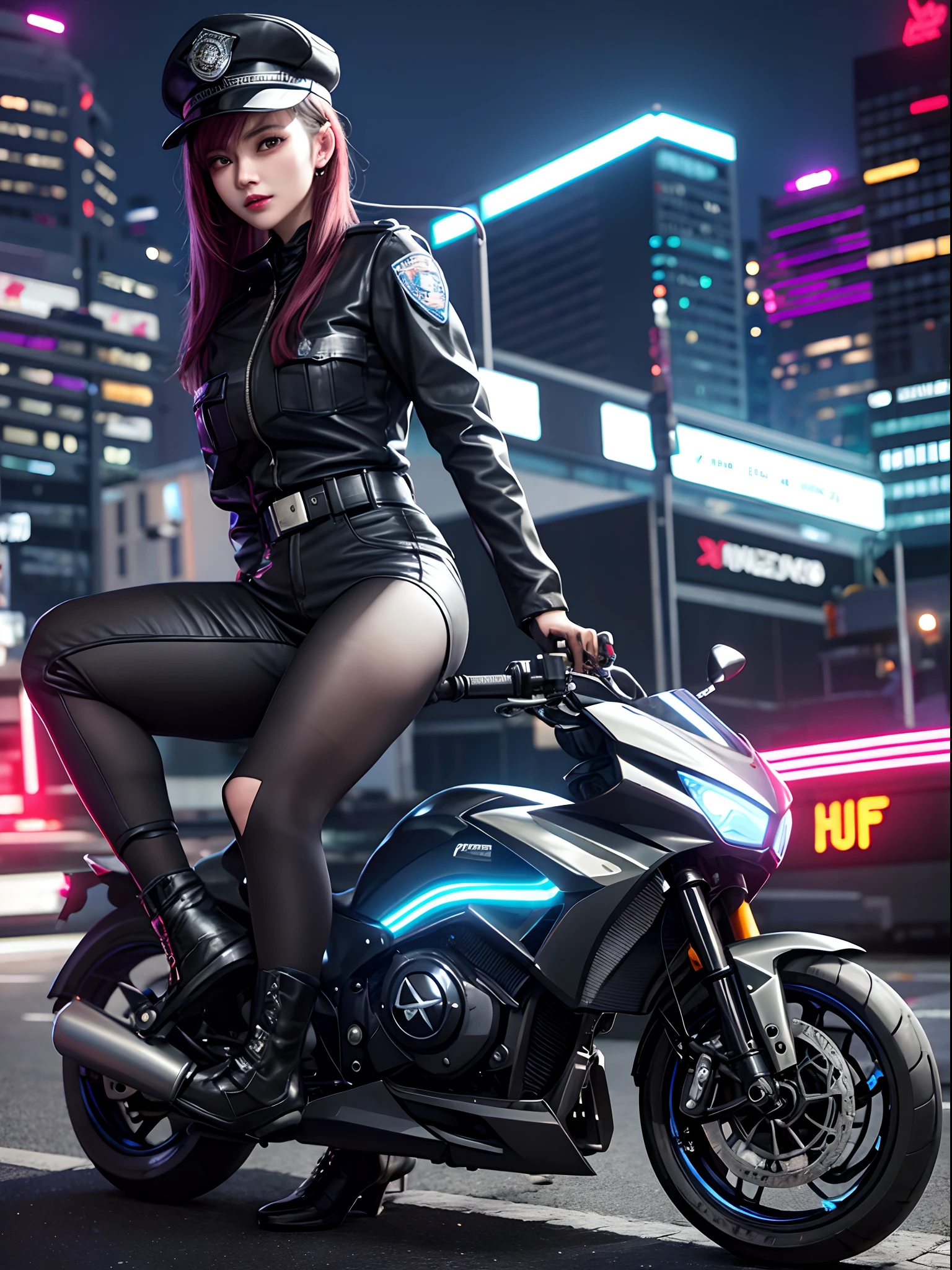 Beautiful woman medium hair, wearing cap, cyberpunk style short clothes, cyberpunk police woman, tomboy, Traffic Police, flying futuristic police motorcycle, police hovercycle patrol, night, neons
