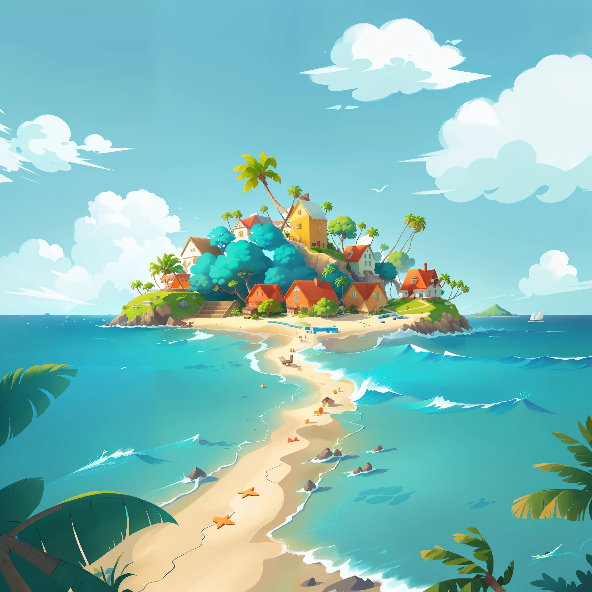 Cartoon illustration of the beach,There is a path to the island, Island background, an island in the background, Small orange house,Little blue house,Small green house, A couple of seagulls,Foreground palm tree,island landscape, An island, On an island, tropical island, magical island, Mobile game background, flying islands, inspired by Luigi Kasimir, offcial art, arte de fundo