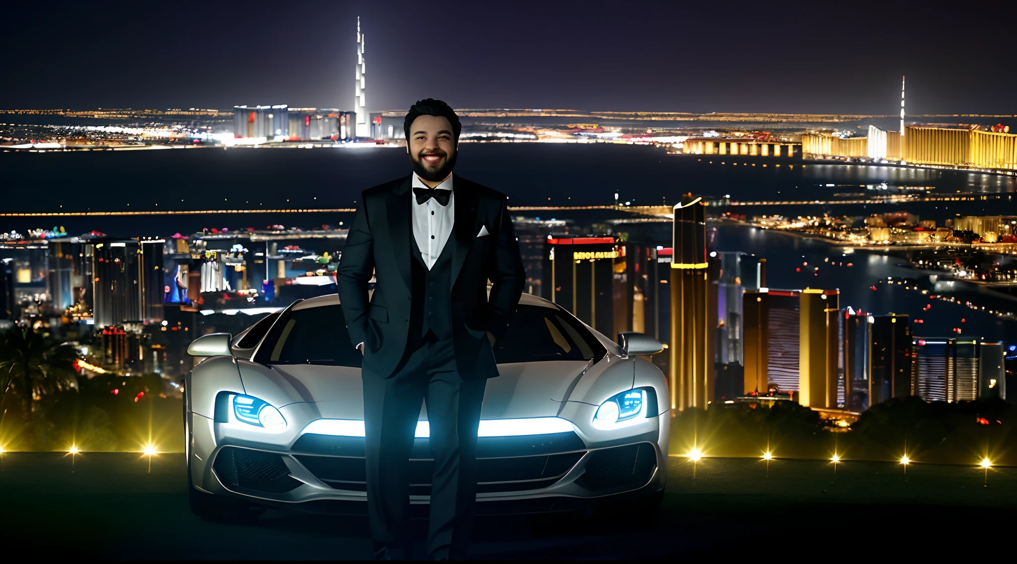 I draw for myself a man who is the embodiment of Success The personification of wealth, um homem de sucesso com roupas caras, carros caros, cercado de coisas caras, Maybe with a mansion in the background, talvez com a vista da cidade de Dubai ao fundo, maybe with the view of New York or maybe with the view from the top of the Burj Khalifa This man is extremely successful This man is extremely rich and he is. extremely happy he is a chubby, brasileiro barbudo, com um rosto bonito, um sorriso bonito e tem 36 anos e usa roupas caras, but matching the environment in some photos He's in an executive outfit, In other photos he is in a more relaxed way, mas sempre extremamente chique, extremamente bonito e extremamente bem cuidado. muitos carros de luxo caros e coloridos , as armaduras do homem de ferro, armaduras do homem de ferro, em Las Vegas, a noite ceu muito estrelado lua cheia las vegas , panorama shot , carros de luxo ao fundo, Panoramic view of Bela, Panoramic view of Las Vegas, Las Vegas, muitos carros de luxo caros e coloridos , as armaduras do homem de ferro , muitos carros de luxo caros e coloridos , as armaduras do homem de ferro extremamente realista extremamente detalhado