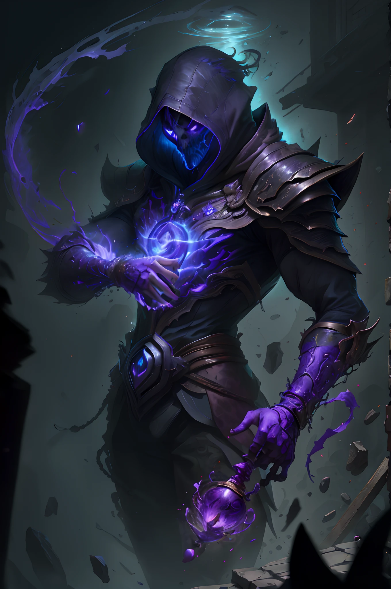 a close up of a person with a purple and blue light, painted in the style arcane, arcane concept art, 8 k hd wallpaperjpeg artifact, 8k hd wallpaperjpeg artifact, dark cloaked necromancer, trendin on artstation, d&d trending on artstation, undead mage, portrait of the necromancer