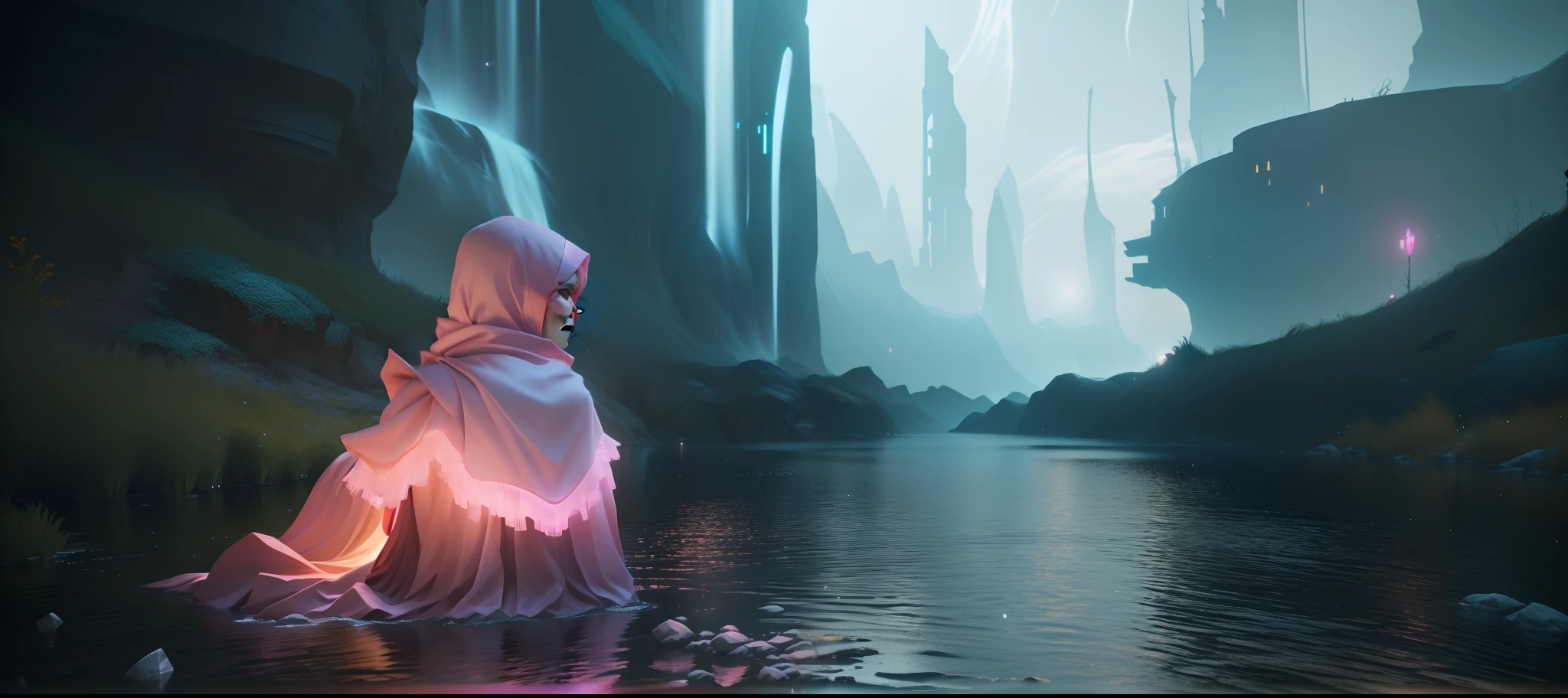 In the river stood a woman in a pink dress, stylized as a 3d render, stylized 3d render, game render, (rendering by octane) Fantasy style, rendered in unrealengine, 3 d render stylized, fantasy style 8 k octane render, videogame still, rendered in cryengine, video game render, environment artist, journey thatgamecompany