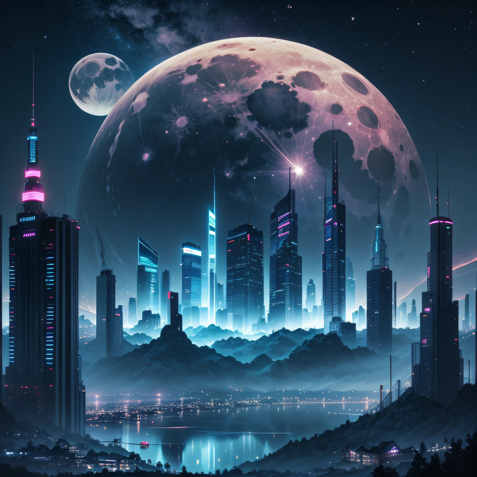 Cyber City、a moon、Blue、neons、Landscape only