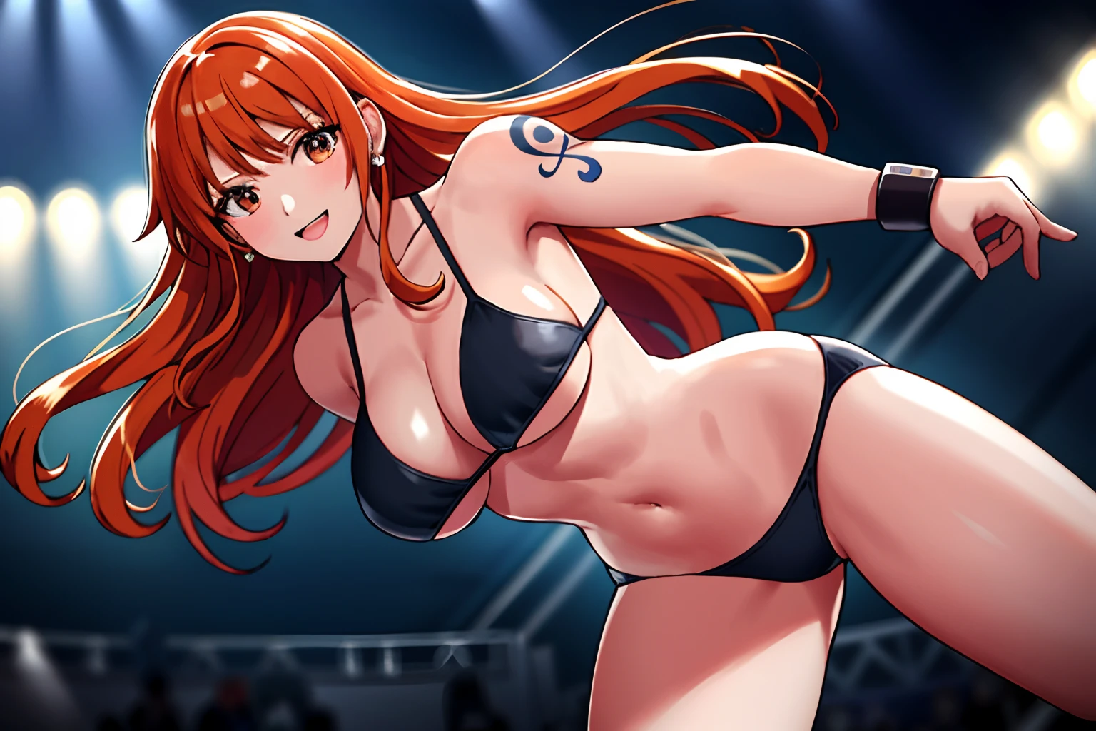 detailed background, (wrestling stage, wrestling ring, turnbuckles, spectators, watchers, fans), masterpiece, 2k, center on face, body slam attack, best quality, 1girl, solo, nami \(one piece\), 1girl, hands out of frame, (detailed arms, strong arms, defined athlete body, stomach, straightened arms, thighs, seductive, plain black wrestling bikini, open mouth), bangs, bare shoulders, blue sky, medium breasts, , round eyes, brown eyes, , cleavage, day, earrings, floating hair, groin, large breasts, long hair, looking at viewer, orange hair, shoulder tattoo sky, smile, solo, standing, stomach, tattoo ,