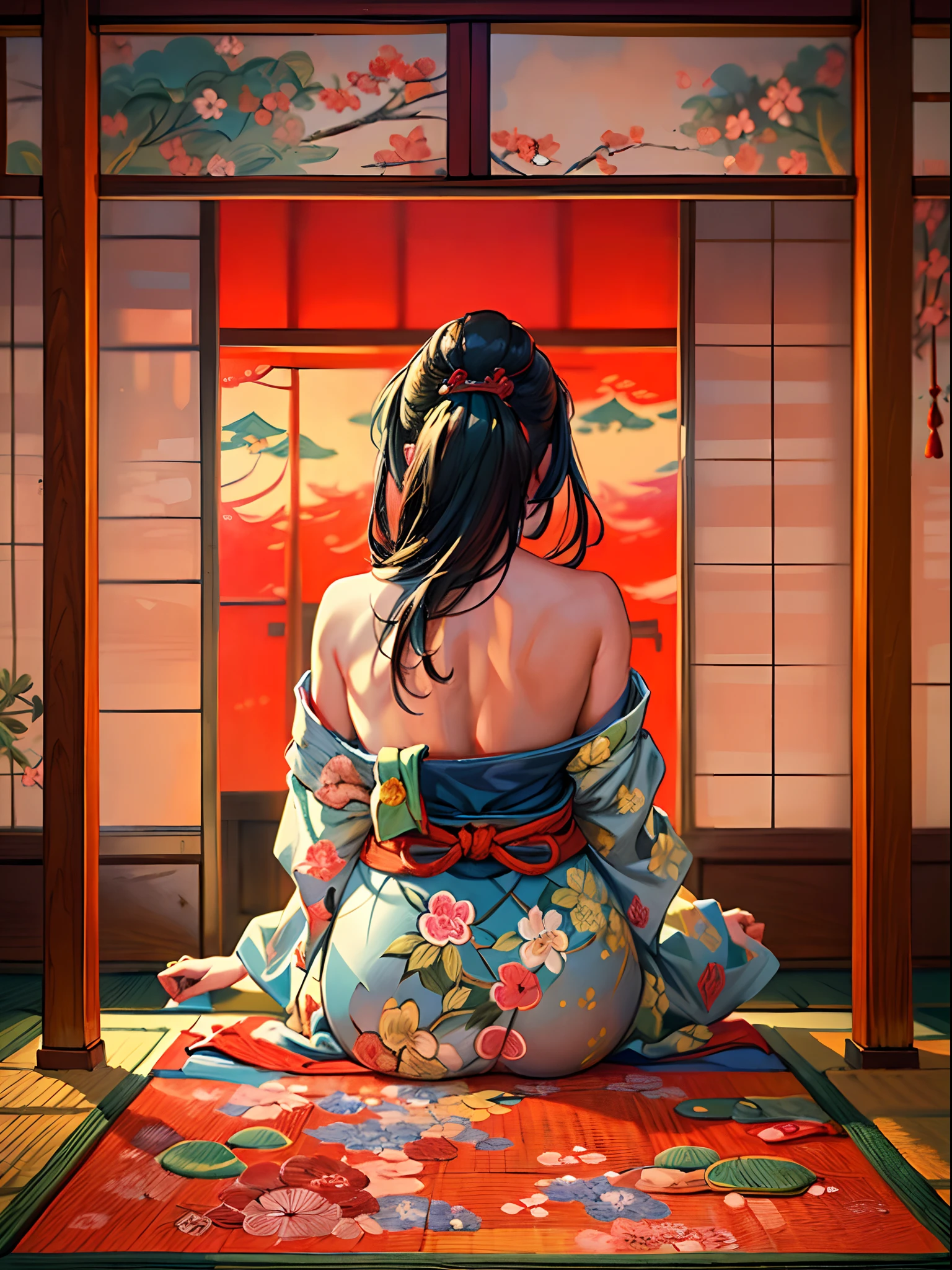 (A stunning masterpiece with impeccable quality:1.5), captured from behind, looking her ass, string, featuring vibrant, saturated colors, a beautiful girl, detailed face and eyes, traditional red string, beauty of Japan, surrounded by the authentic ambiance of the tatami mats, with an open window framing the scene