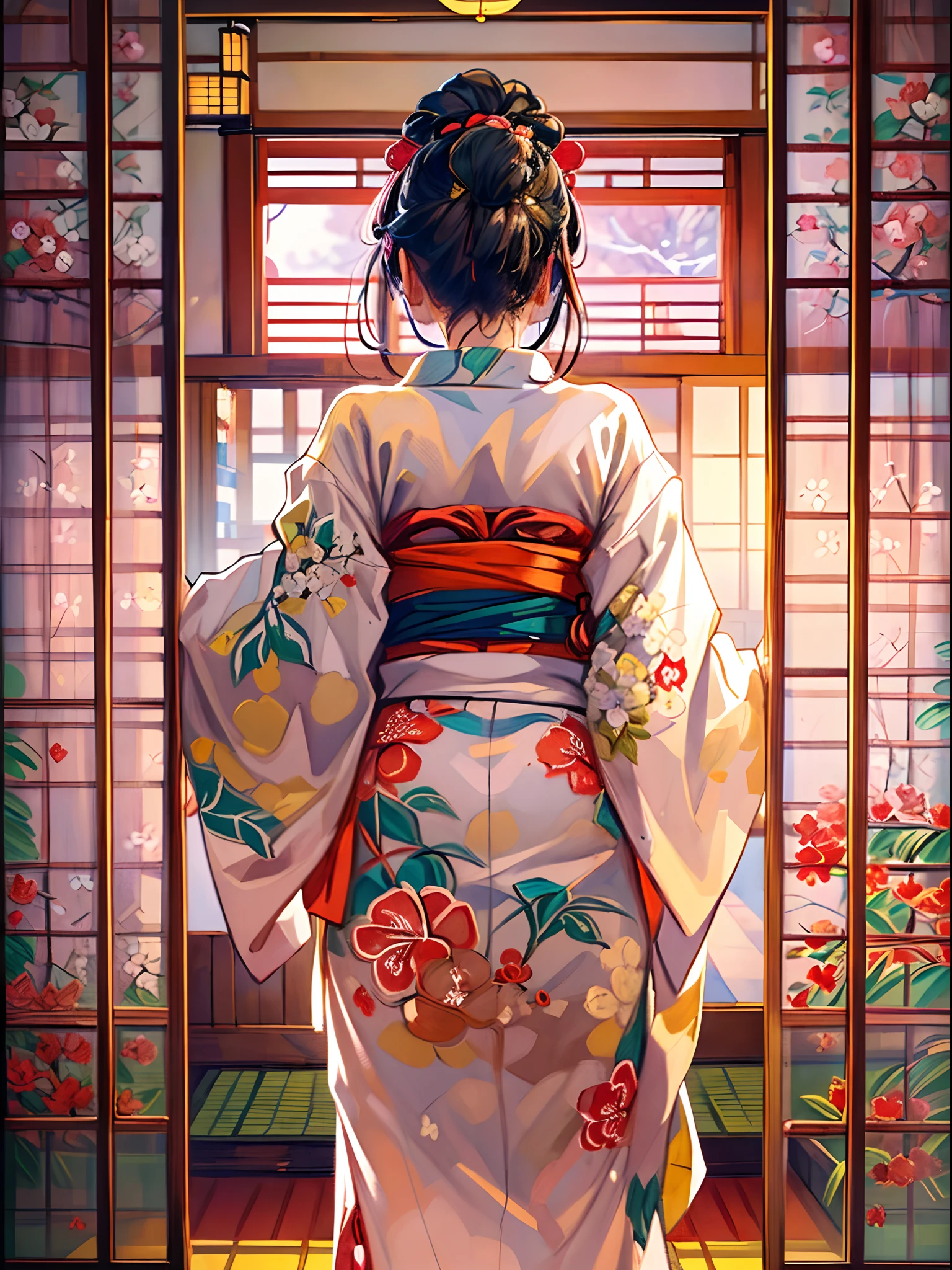 (A stunning masterpiece with impeccable quality:1.5), captured from behind, looking her ass, string, featuring vibrant, saturated colors, a beautiful girl, detailed face and eyes, traditional red string, beauty of Japan, surrounded by the authentic ambiance of the tatami mats, with an open window framing the scene