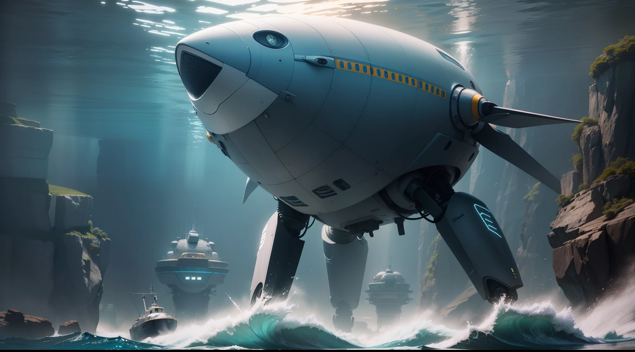 "Obra-prima, excelente qualidade, Aquatic robot at sea, futuristic backdrop, realista, incredible details, qualidade 8K."