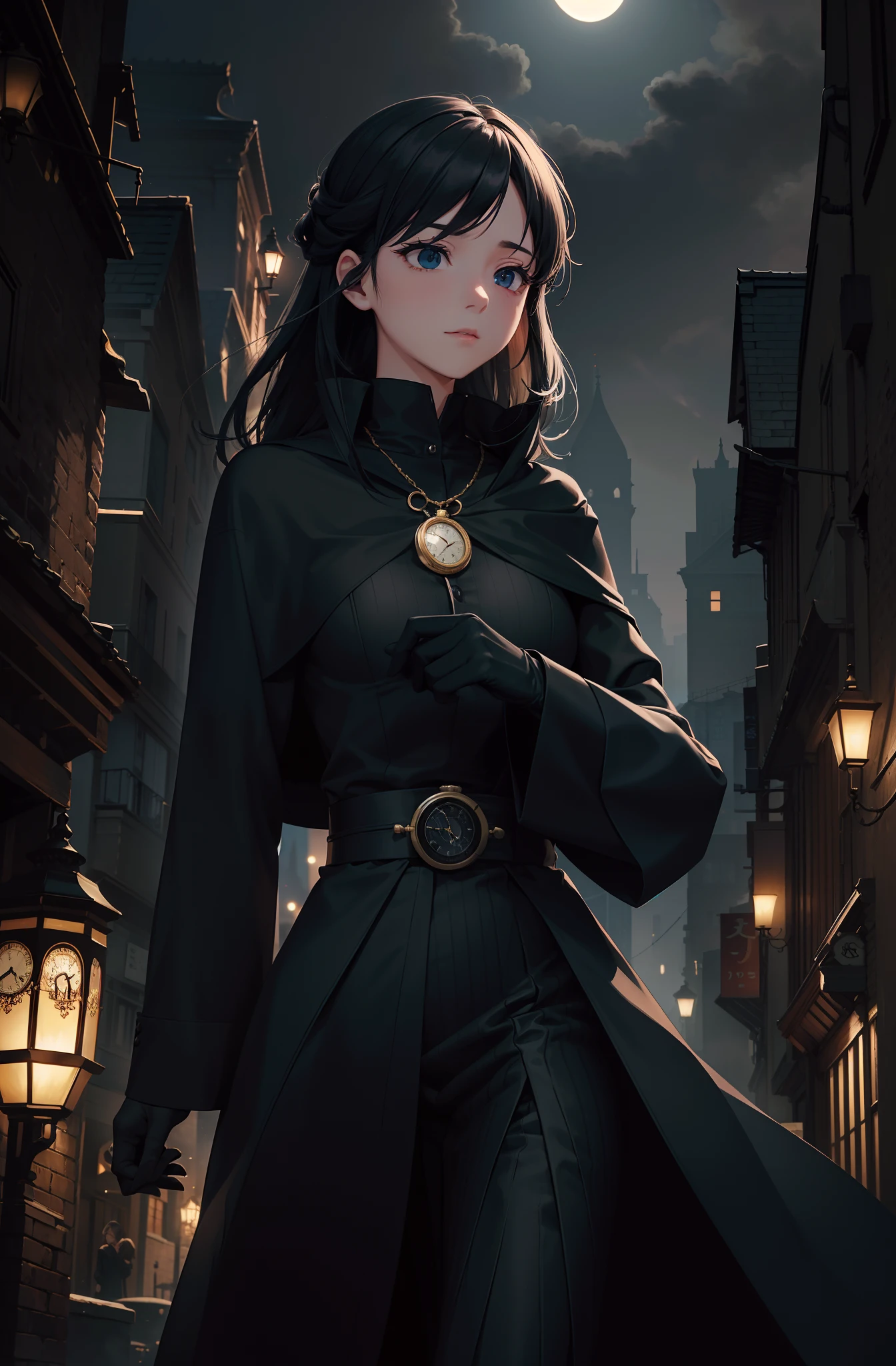 Enigmatic young white japanese anime character navigates the dark paths of nighttime London. Coberto por um elegante sobretudo, its ebony fabric swells like the tendrils of the night itself, as they glide over the millennia-old cobblestones. Sob o manto, A meticulously tailored suit weaves a symphony of intricate patterns, cada ponto um sussurro de enigma. Dark gloves cover hands, a tactile enunciation of hidden intentions.In the heart of the city, obscured by a dense shroud of mist, Iconic landmarks dissolve into the abyss, while the ethereal glow of the twinkling gas lamps casts an almost supernatural glow. The shadows dance with a sinister grace, choreographed by an invisible hand, adding to the prevailing air of mystery.In the middle of this atmospheric screen, os olhos do personagem brilham como obsidiana polida, reflecting unwavering determination and inscrutable purpose. Your pocket watch, A relic of occult motive, Captures and releases ephemeral flashes of ligh.