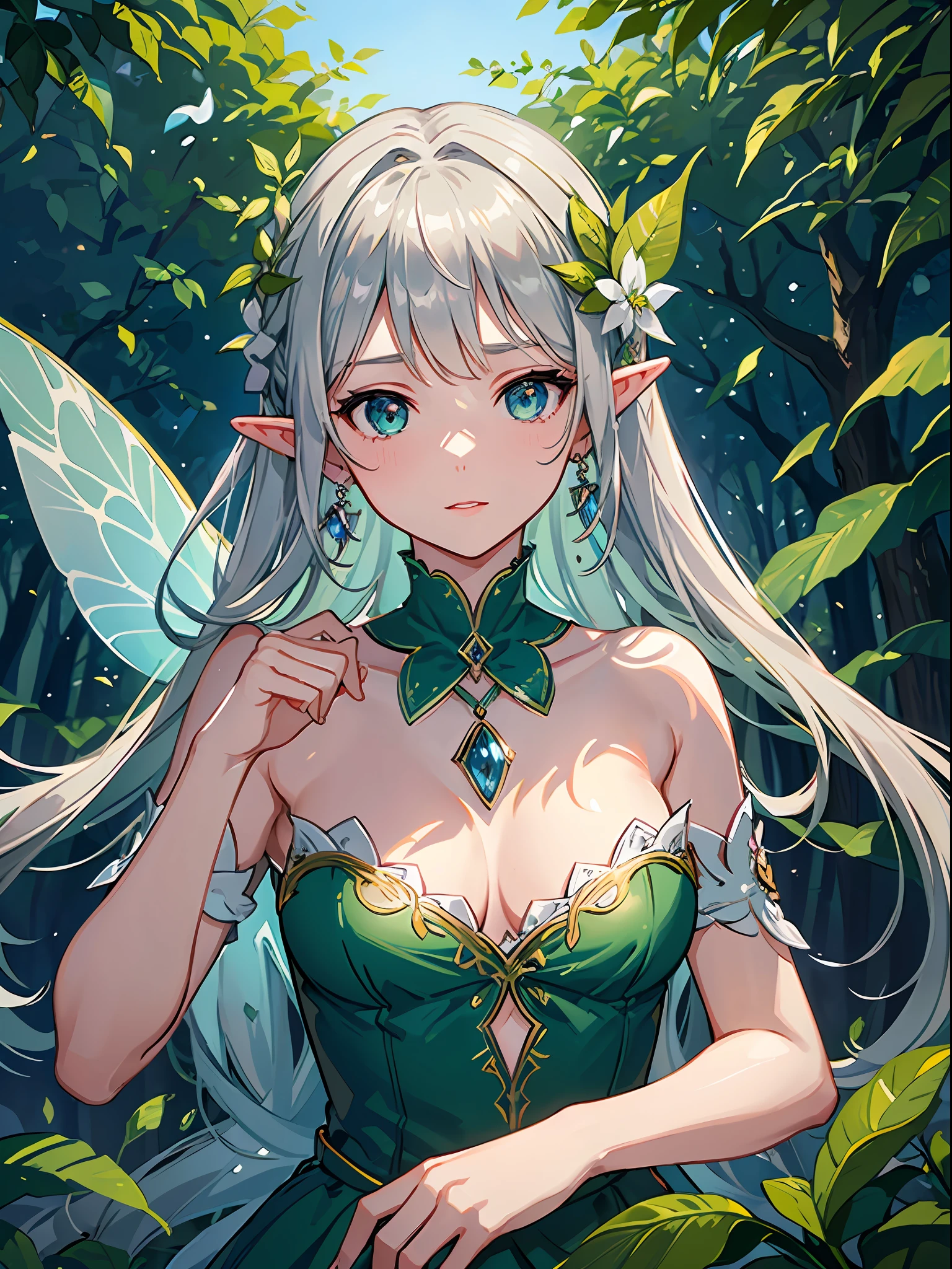 (((masterpiece))), (((best quality))), ((ultra-detailed)), (illustration), ((an extremely delicate and beautiful)),dynamic angle,floating, (beautiful detailed eyes), (detailed light) fairyland,dynamic angle,(1priness),(elf),(girl in the dream),(dream in the wonderland), (extremely fantasy dream),pointy_ears, green_eyes, long_hair, solo, bare_shoulders, looking_at_viewer, leaf,covered by leaves, earrings, jewelry,jewelry earrings,silver_hair, hair_ornament,leaf ornament,hair_between_eyes, eyebrows_visible_through_hair, arm_tattoo, leaves tattoo, closed_mouth, bangs, smedium_breasts, blush, sleeveless, (+++upper_body+++),(detailed and beautiful noble leaves texture halter dress,(silver|green dress:1.3),(magic dress),gloves,)hands behind back, /////////,feather, leaves, tree,nature, (sunlight),day, river, (forest),(painting),(sketch),(bloom)////////depth of field, double exposure, tyndall effect, colorful refraction,visual impact,(sketch:0.9),best quality ,(fairy tale and dreamy spring)
