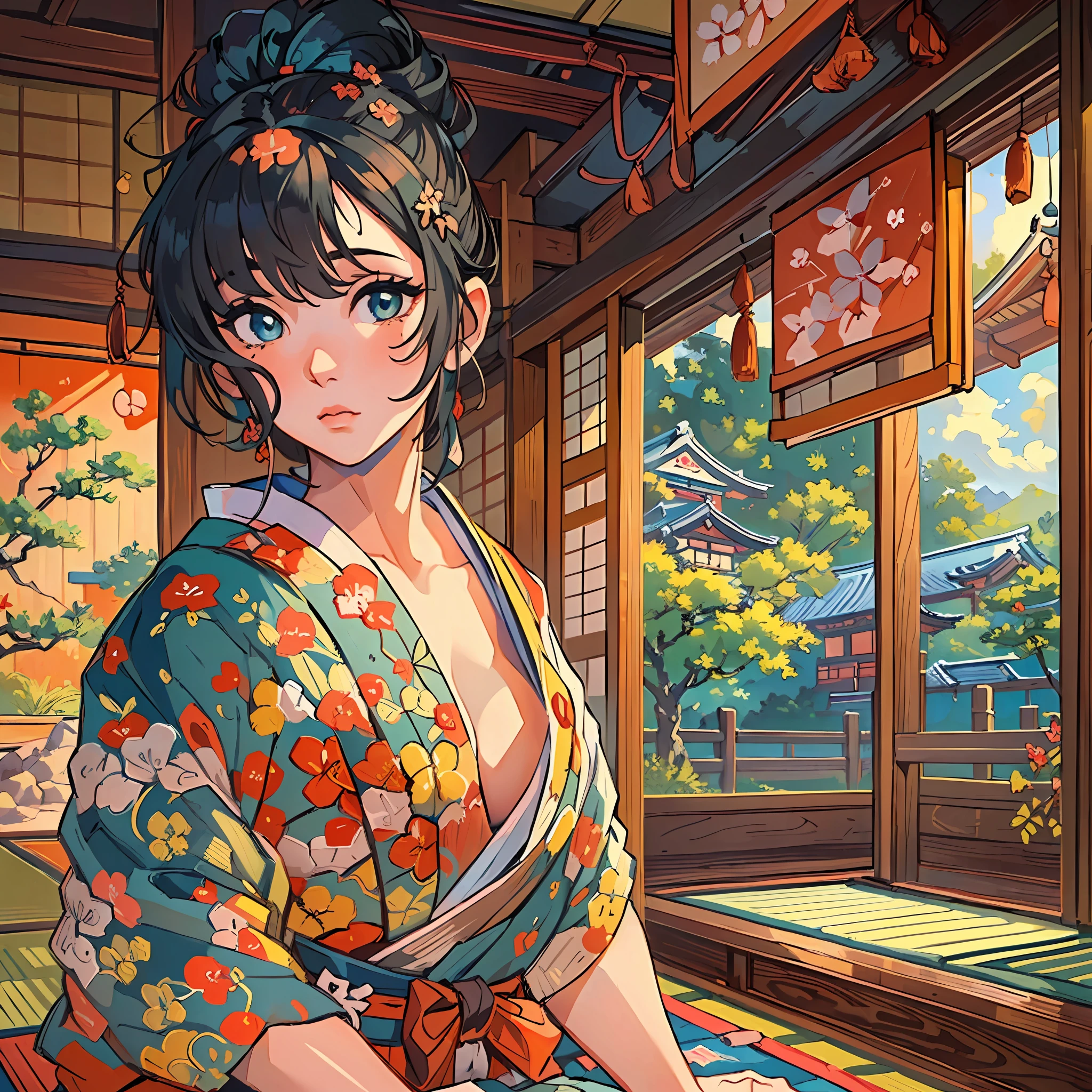 (A stunning masterpiece with impeccable quality:1.5), captured from a front view, featuring vibrant, saturated colors, a beautiful topless girl, detailed face and eyes, traditional shorts, set in the picturesque beauty of Japan, surrounded by the authentic ambiance of the tatami mats, with an open window framing the scene