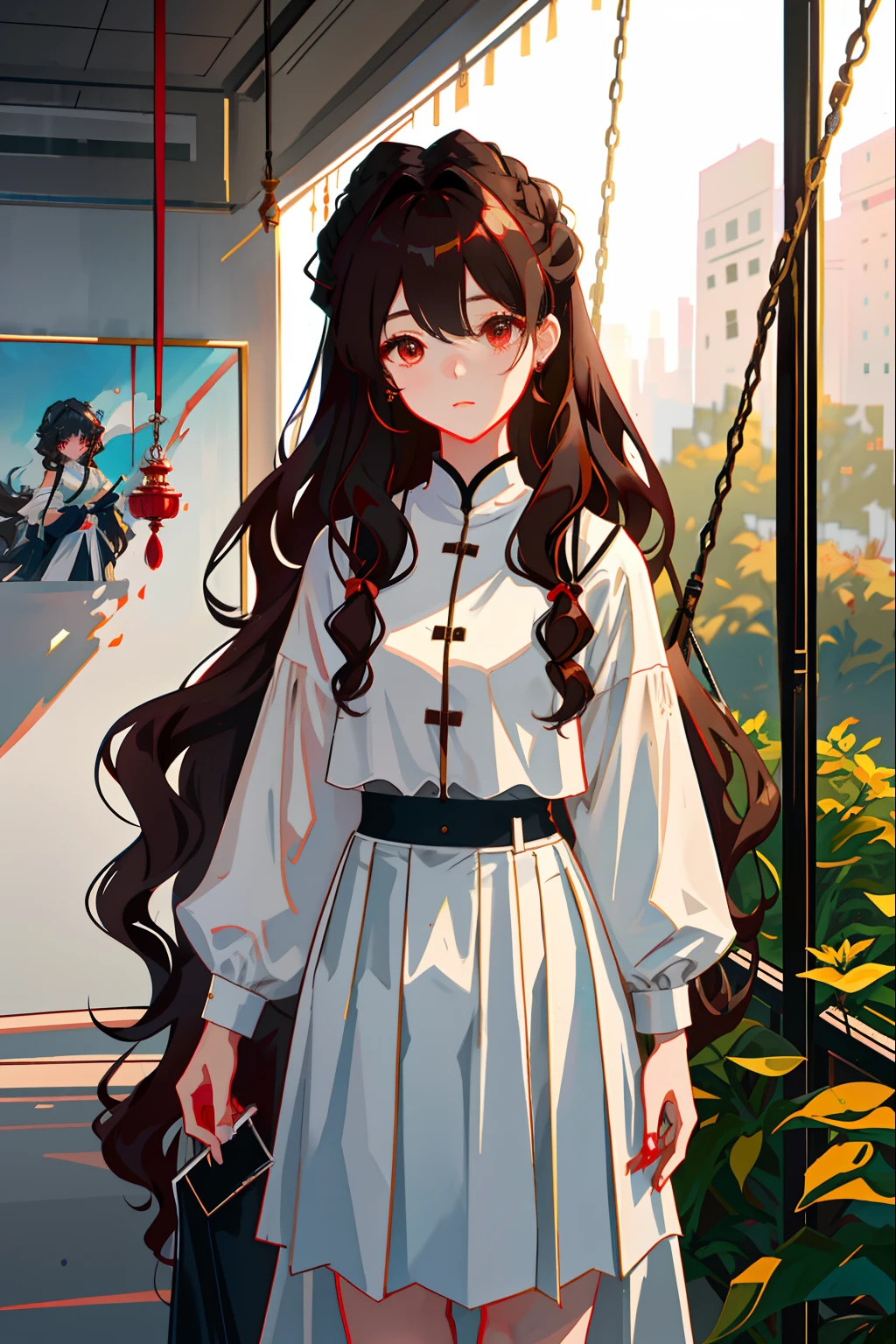 2. The character：Zhixia wears an off-white simple and elegant outfit，Stand in the art gallery，Big wavy curls of dark brown swing gently on the shoulders，She carefully observes each piece of art，The eyes flashed with admiration and appreciation。