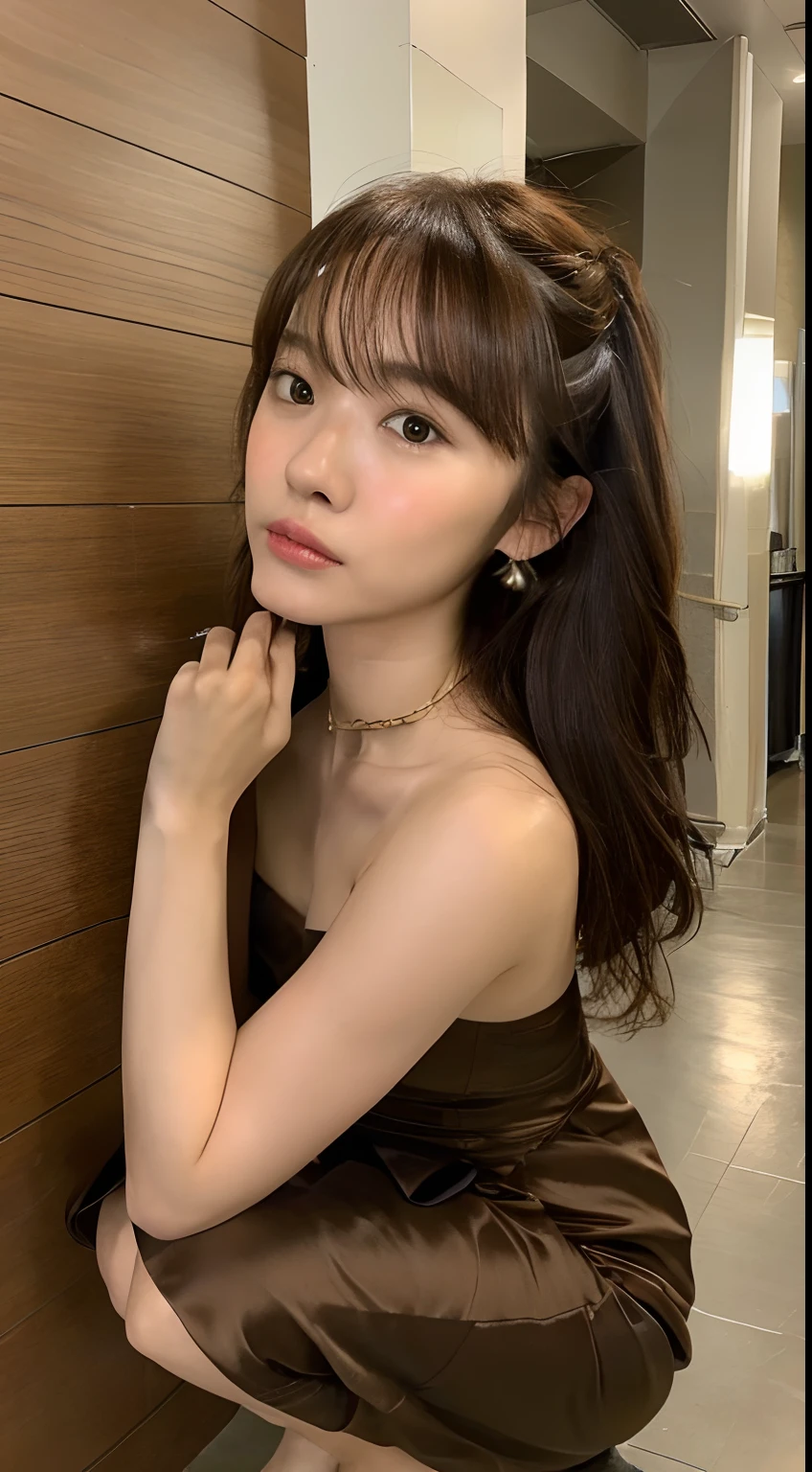 ((best quality, 8k, masterpiece: 1.3)), sharp: 1.2, perfect body beauty: 1.4, slender abs: 1.2, ((layered hairstyle, big breasts: 1.2)), (bandeau dress white: 1.1 ), city streets: 1.2, highly detailed facial and skin textures, detailed eyes, double eyelids, long brown hair, thin dress, hands behind, squatting, slightly revealing panties, revealing cleavage.