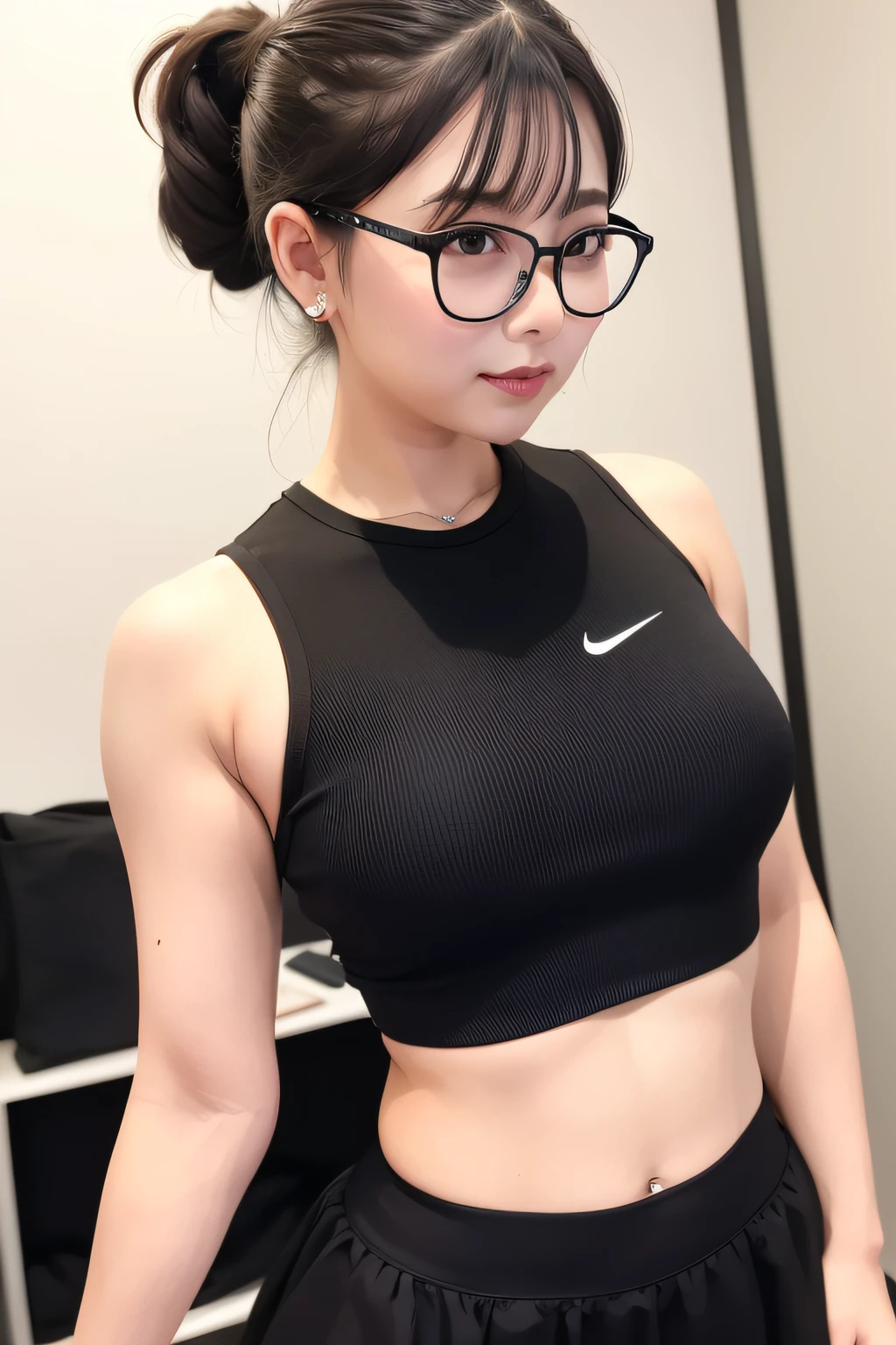 Dily Dance Center,black ponytail,Large-rim glasses,Harnes,Leaky shoulders,babyfat,Professional packs,Exhibited,