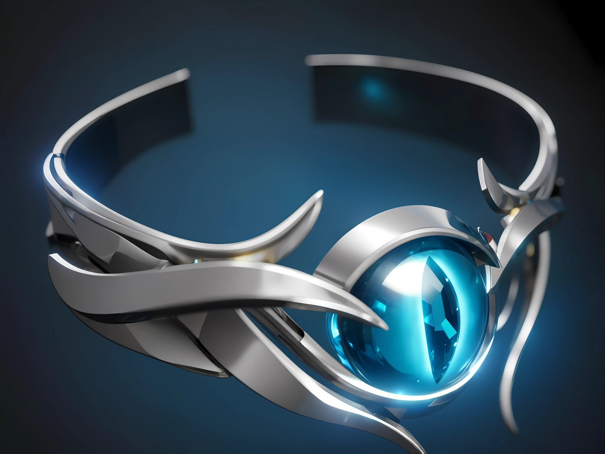 There is a silver bracelet,There is a blue eye on it, rendered in keyshot, Science fiction jewelry, sharp sleek cyborg dragon head, detailed futuristic jewelry, a jewellery design, ultra realistic fantasy tiara, circle of the crone, trending on artstation 4k, rendered in arnold engine, inspired by Marek Okon, cycles render 4k, Rendered in V-Ray