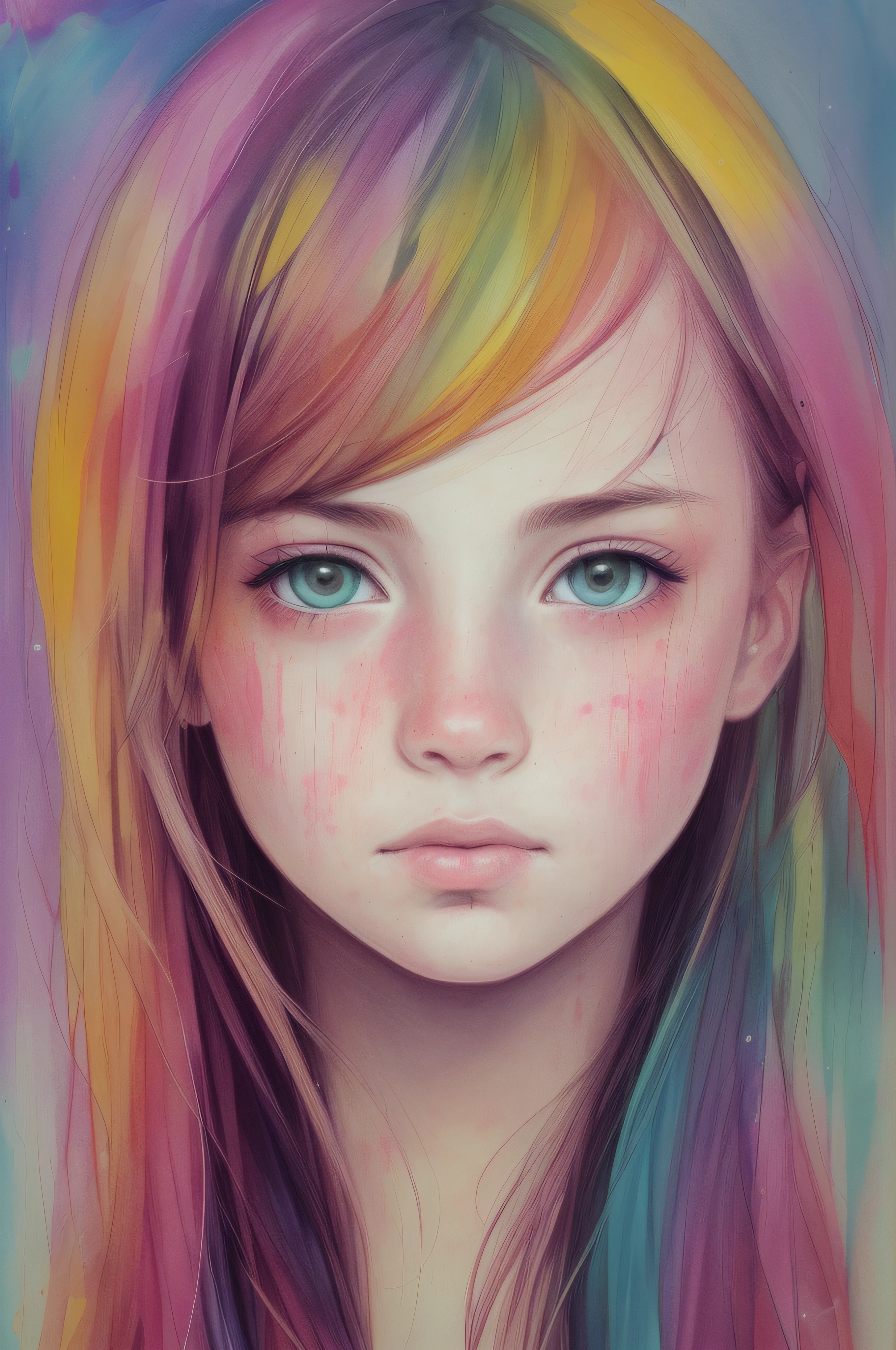 ((retrato: 1girl))expresion triste, strange face,Negativo, (ojos grandes), (((desnuda))), muchos colores, salpicadura de colores,pinceladas de colores aleatorias, por Agnes Cecile