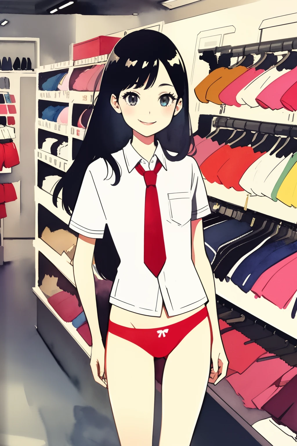 (masterpiece, high quality), 1girl, petite, flat chest, white school shirt, tie, (red panties), long hair, in a clothing store, (choosing clothes), smile, vibrant colors, best shadows, volumetric lighting, watercolor