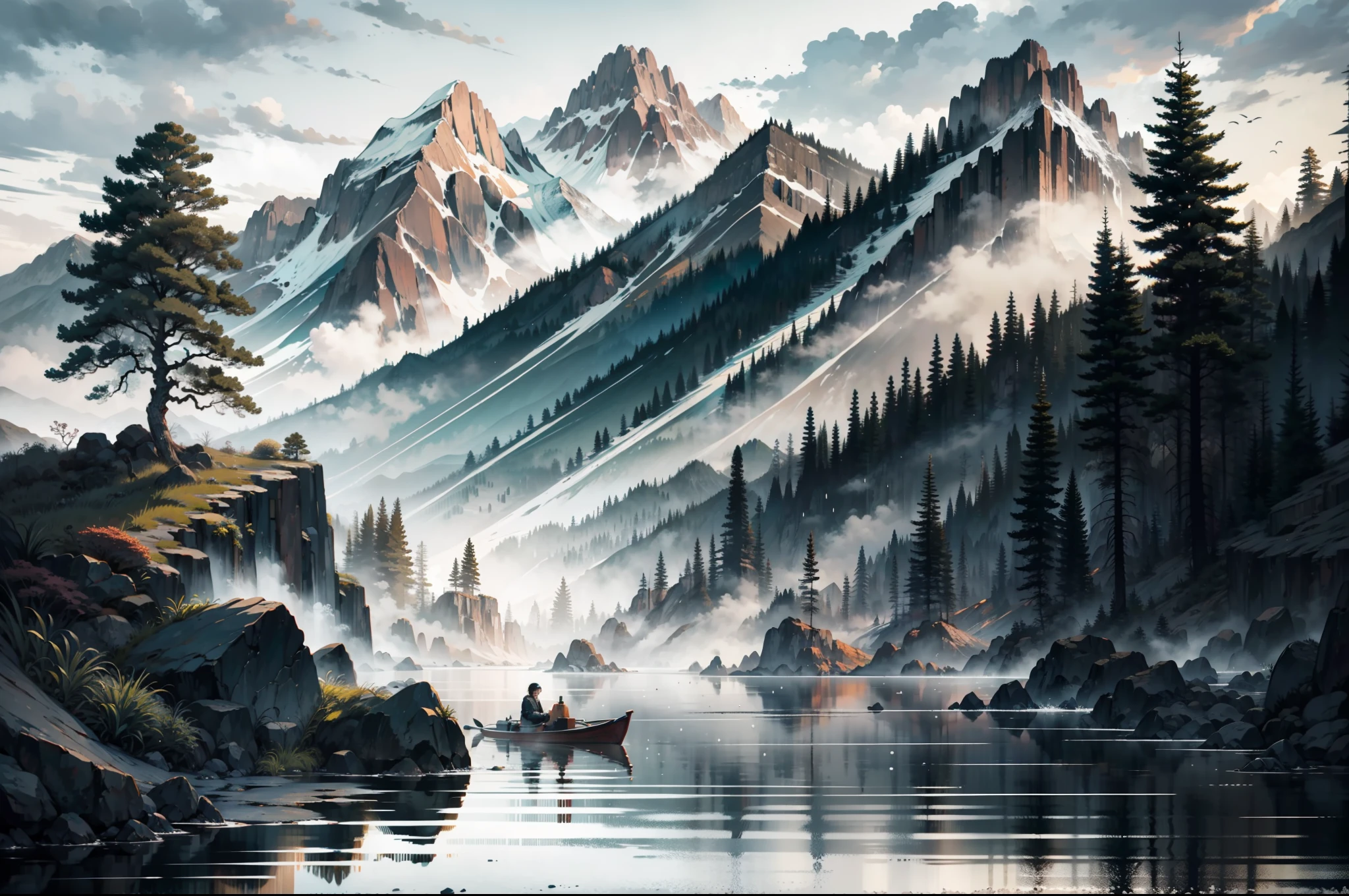 Ink landscape,Rolling peaks,Mountains near and far,waterface,Wooden boats,A piece of tree,dense foliage,Black-white-gray color,low-saturation,En plein air, Genre painting, shadowing, stereograms, foreshortening, Sideways, Perspective, hyper HD, Award-Awarded, Super detail, Best quality, 4K