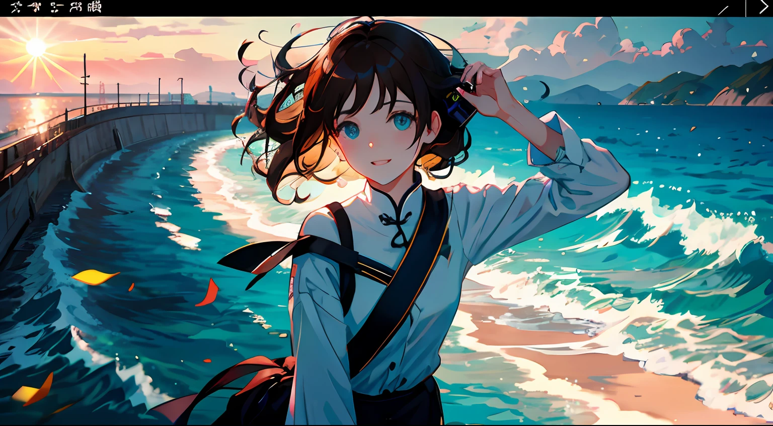 2. The character：When traveling in summer，Stand in front of the magnificent scenery，Long dark brown curls in the shape of waves flutter in the wind，Cyan eyes flashed with excitement and joy。 Action：She picked up the camera，Record the moment before your eyes，Deftly press the shutter，Capture beautiful art clips。