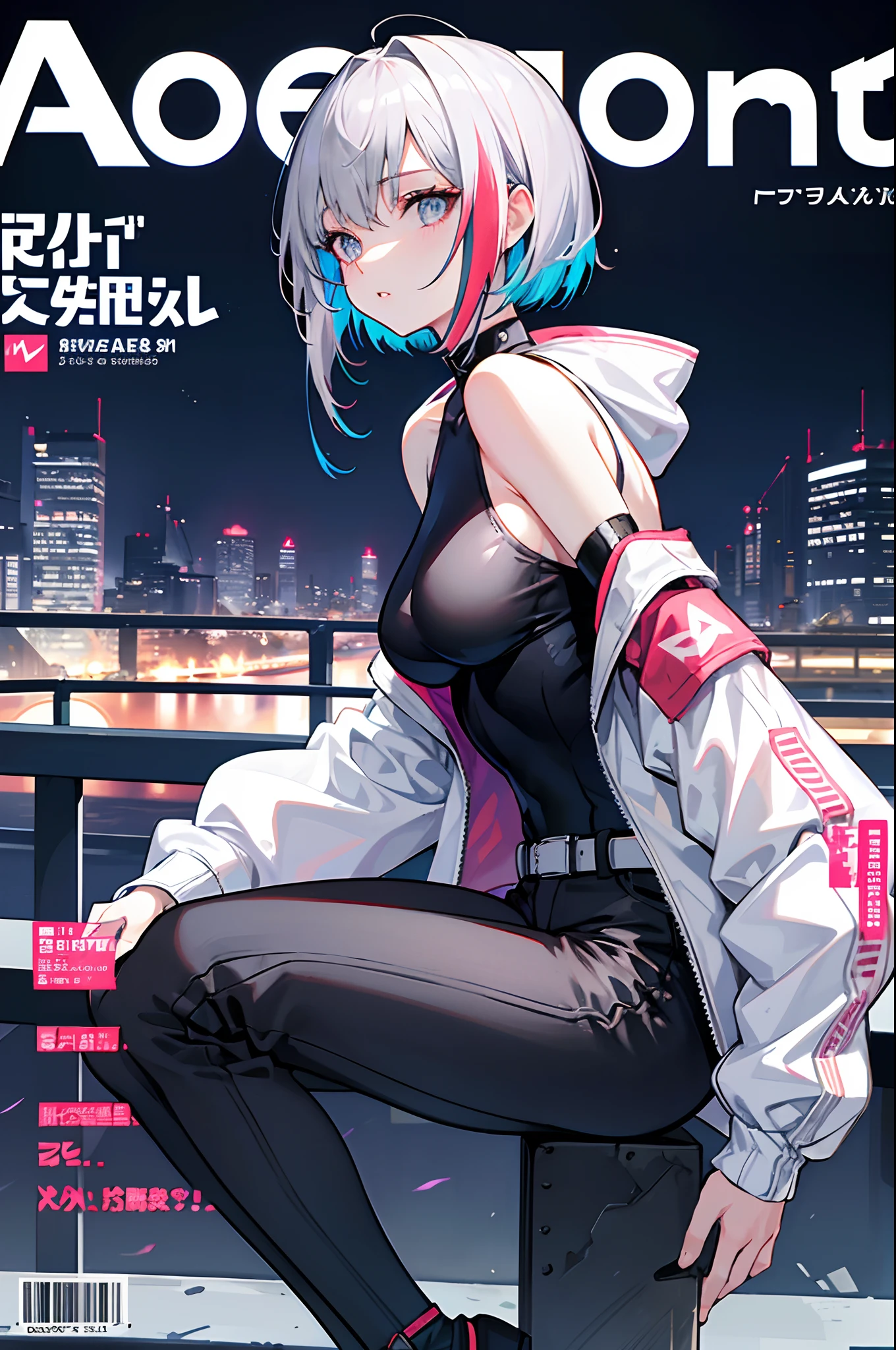 (magazine cover:1.3), (original: 1.2), masterpiece, best quality, beautiful clean face, (full body:1.1), lucy \(cyberpunk\), 1girl, against railing, arm rest, bangs, bare shoulders, belt, black belt, black leotard, black pants, blurry, bob cut, breasts, building, cityscape, clothing cutout, cropped jacket, cyberpunk, depth of field, from side, gradient eyes, grey eyes, grey hair, jacket, leotard, lips, long sleeves, mechanical parts, medium breasts, multicolored eyes, multicolored hair, night, night sky, off shoulder, open clothes, open jacket, outdoors, pants, parted lips, railing, red eyeliner, science fiction, short hair with long locks, short shorts, shorts, sidelocks, sky, solo, standing, thigh cutout, white jacket, white shorts,