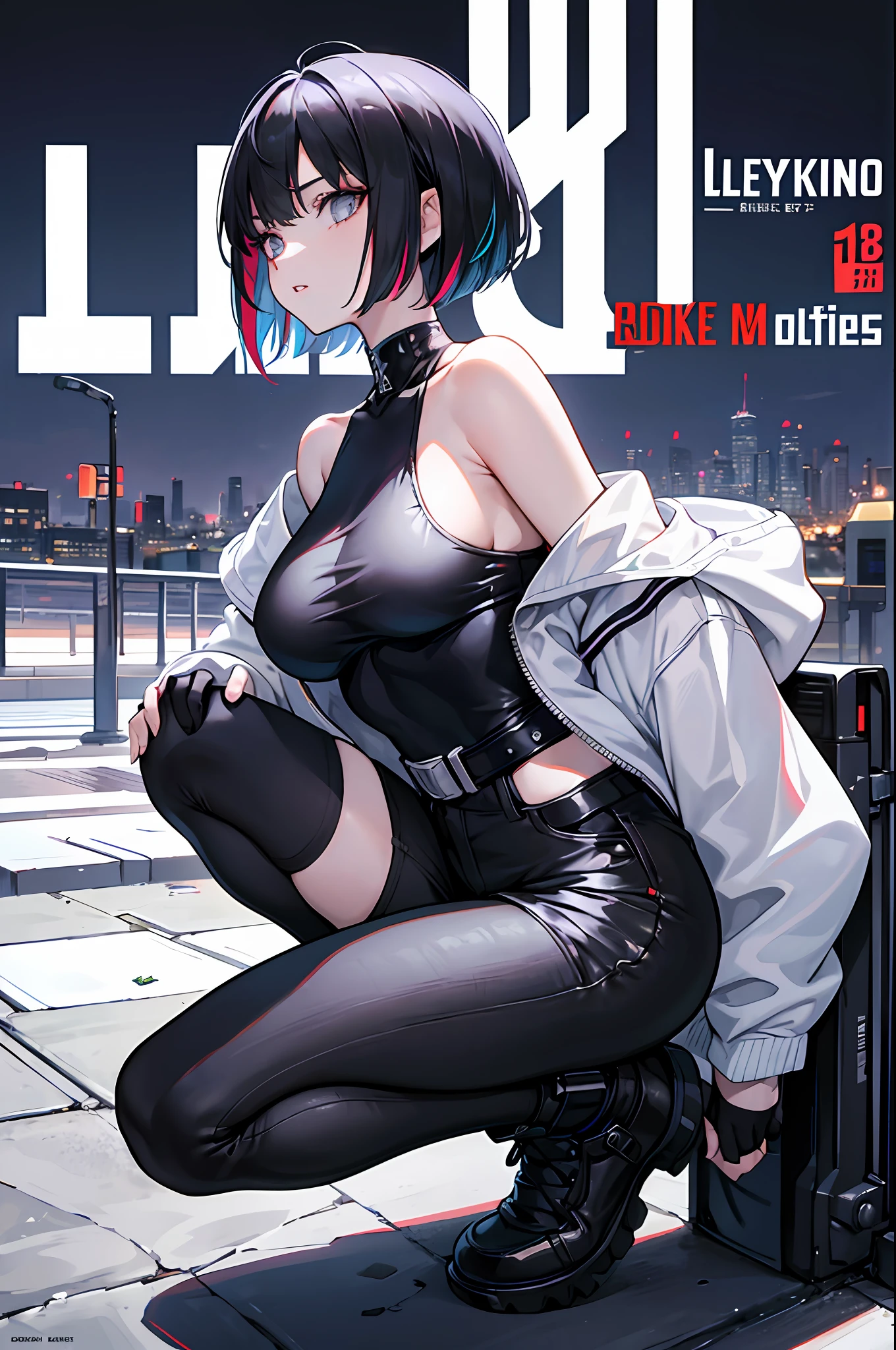 (magazine cover:1.3), (original: 1.2), masterpiece, best quality, beautiful clean face, (full body:1.1), lucy \(cyberpunk\), 1girl, against railing, arm rest, bangs, bare shoulders, belt, black belt, black leotard, black pants, blurry, bob cut, breasts, building, cityscape, clothing cutout, cropped jacket, cyberpunk, depth of field, from side, gradient eyes, grey eyes, grey hair, jacket, leotard, lips, long sleeves, mechanical parts, medium breasts, multicolored eyes, multicolored hair, night, night sky, off shoulder, open clothes, open jacket, outdoors, pants, parted lips, railing, red eyeliner, science fiction, short hair with long locks, short shorts, shorts, sidelocks, sky, solo, standing, thigh cutout, white jacket, white shorts,