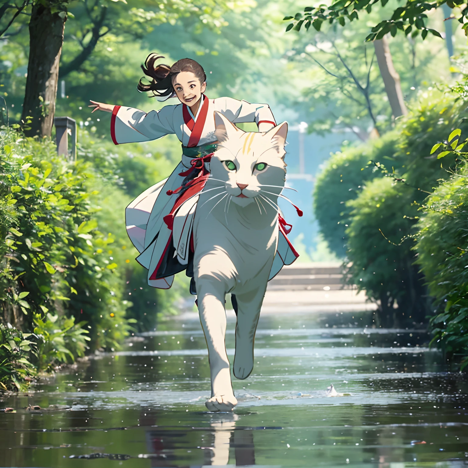 Happy girl in Hanfu riding a giant white cat running on the summer meadow. Jump over puddles, ground threaded angle