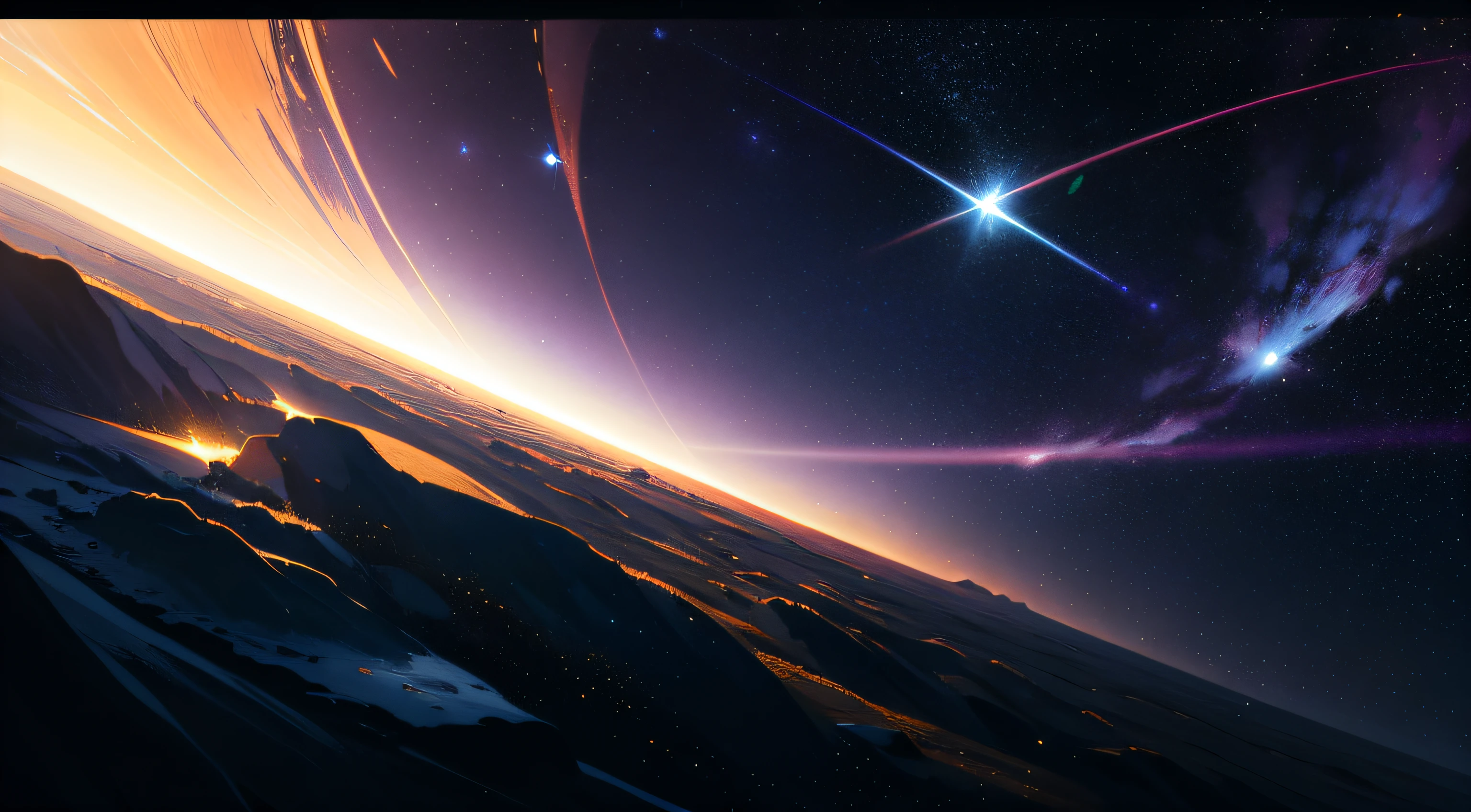 (16k, Original photo, high resolution, Best quality, superstratum: 1.2), (Realistic, photograph realistic: 1.37), space, Science fiction, wide angles, planetes, Universe, Starlight, More space scenes, barely, Rays (0.85), stars, stars, planetes, meteors, stars in background, Galaxy in the background, Galaxy in the background, Flickering, [Shining Background], Blue Space, Bright blue, Picturesque, [Star background], Bright white, Bright blue, Cyan, Green, Sky blue, Sky Flame, constellation, Constellation chart, (Dusk, Yellow, purple, Orange, Dust: (0.5)), (Starcloud, Light red, Pink, exposure: (0.3)), halftone background, Light_ Particle, Flash, Star background, Dusk, (Sky blue background, Dark background): 1.5), Fraunhofer diffraction, Mainly [Optimize lighting (Remove unreasonable light fragments, Remove unreasonable halos, Remove light that causes image quality to deteriorate, Remove the backlight that stands out from the logic, Maintain gap transparency, and reduce the light intensity to no more (0.3),]