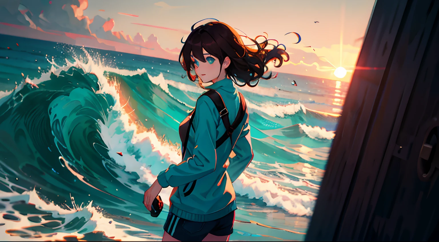 2. The character:When traveling in summer,Stand in front of the magnificent scenery,Long dark brown curls in the shape of waves flutter in the wind,Cyan eyes flashed with excitement and joy。 Action:She picked up the camera,Record the moment before your eyes,Deftly press the shutter,Capture beautiful art clips。