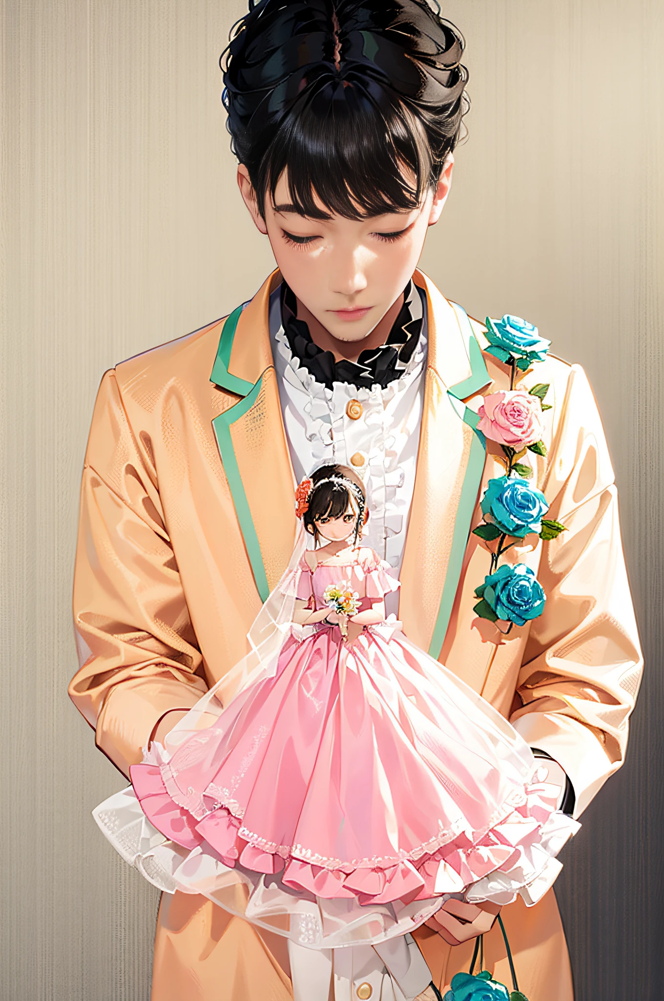 There was a man in an orange suit and pants，There are flowers on the suit，Look at the doll in your hand，Holding a cute doll in his hand，Translucent pink doll