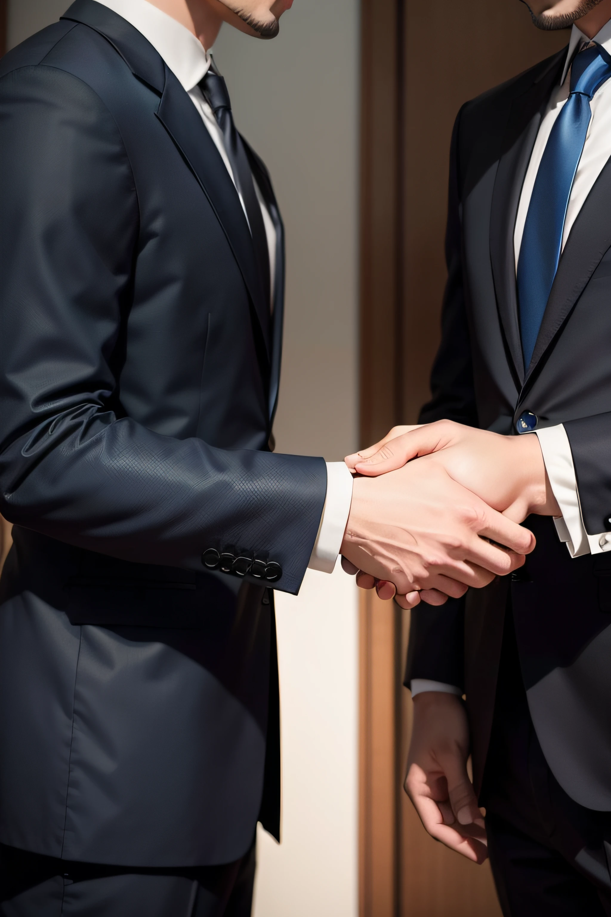 Two Japan men in suits are facing each other and shaking hands。Enlarged image of the hand part。Background in the office。