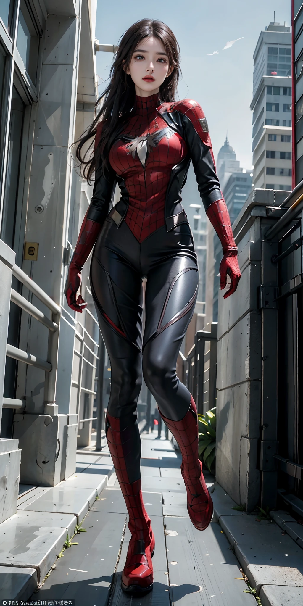 (1girl:1.3), solo, __body-parts__, official art, unified 8k wallpaper, super detailed, beautiful and aesthetic, beautiful, masterpiece, best quality, raw, masterpiece, super fine photo, best quality, super high resolution, photorealistic realism, sunlight, full body portrait, amazing beauty,, dynamic pose, delicate face, vibrant eyes, (from the front), she is wearing a Spider-man suit, red and black color scheme, spider, very detailed abandoned warehouse background, Detailed face, detailed complex busy background, messy, gorgeous, milky white, highly detailed skin, realistic skin details, visible pores, sharp focus, volumetric fog, 8k uhd, DSLR, high quality, film grain, fair skin, photo realism, lomography, huge metropolis in future dystopia, seen from below, translucent