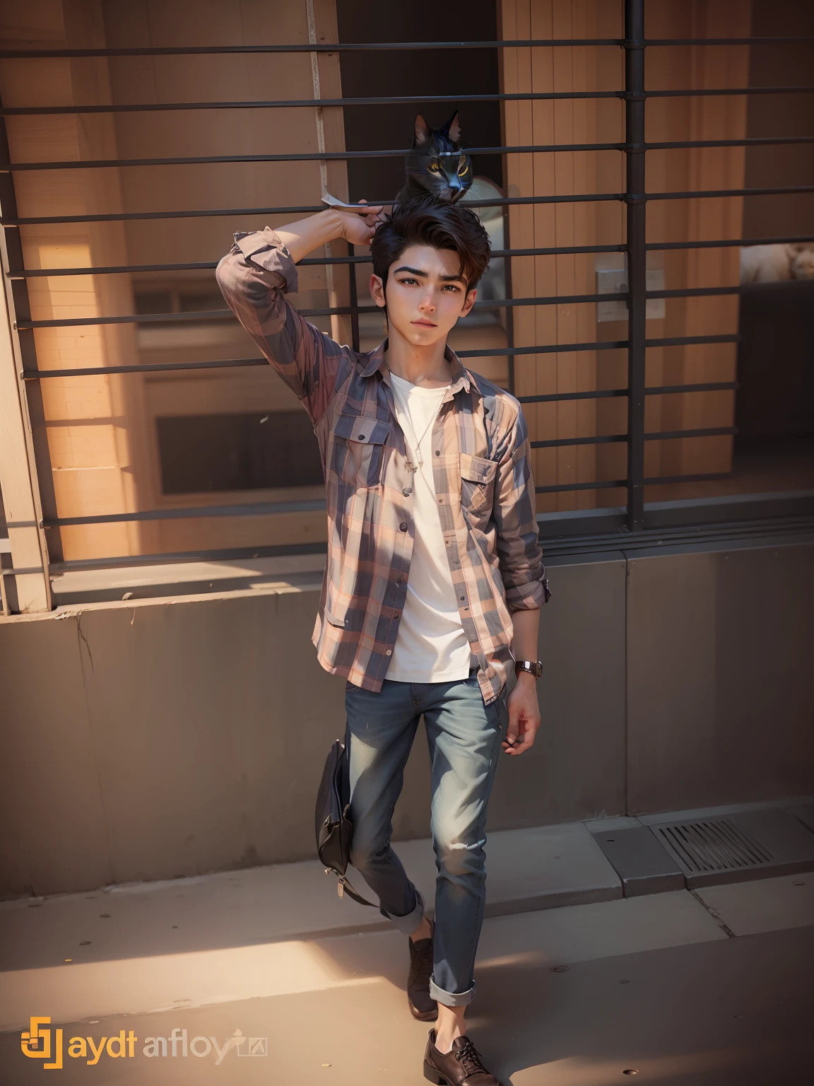 Change baground handsome boy altra realistic with cat, smart boy