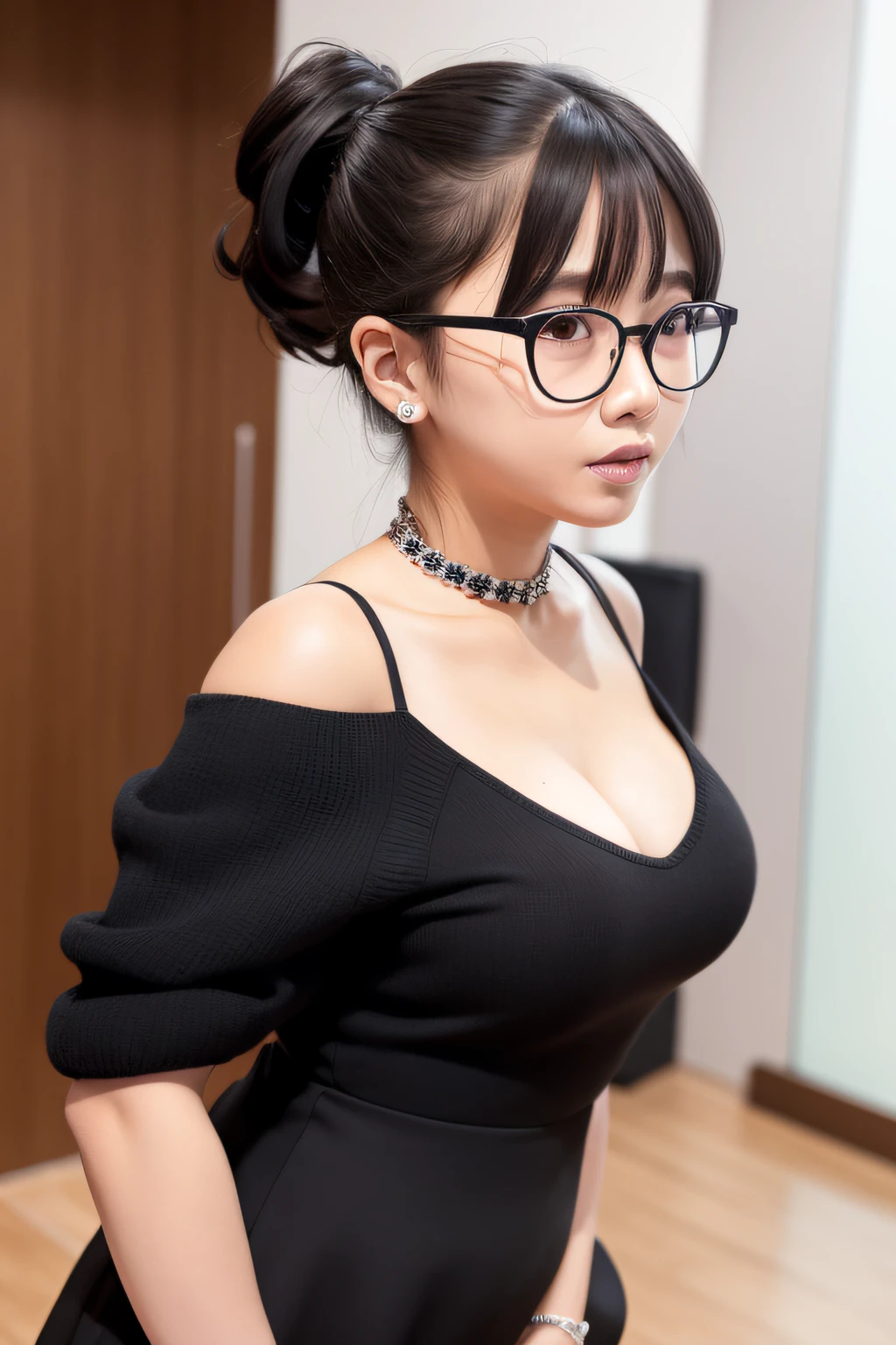 Dily Dance Center,black ponytail,Large-rim glasses,Harnes,Leaky shoulders,babyfat,Professional Dress,Exhibited,