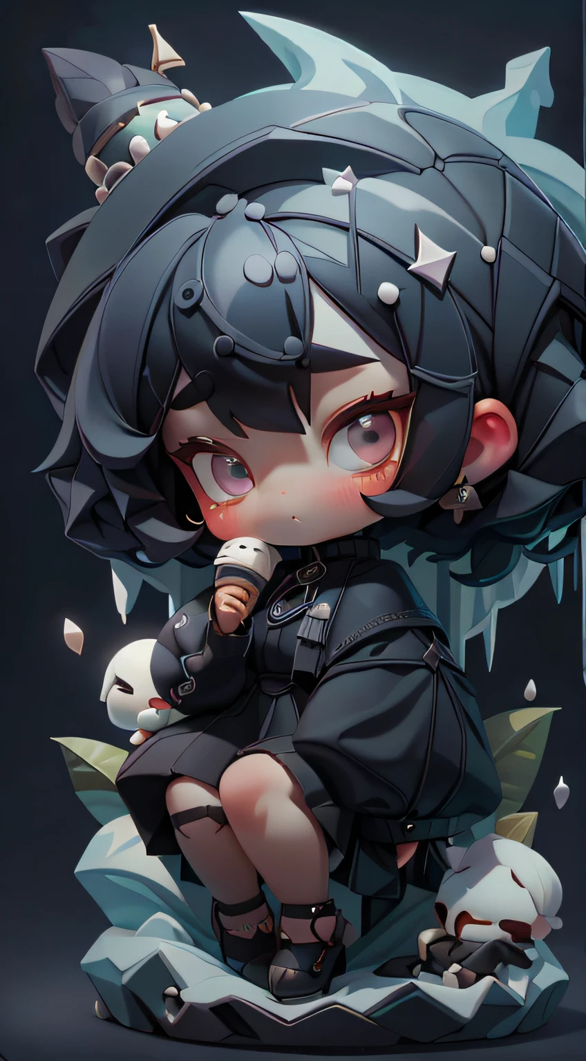 plastican00d, 1girls, Chibi T-Shi, black hair, Luxury fabrics, dithering, Ice cream texture,Profound, looks at the viewer, Striped background,