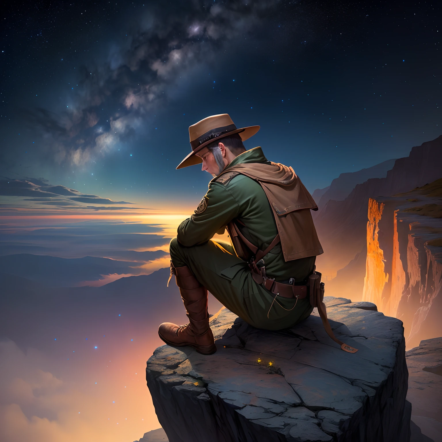 The Ancient Ranger sits alone on a cliff,The background is a starry sky