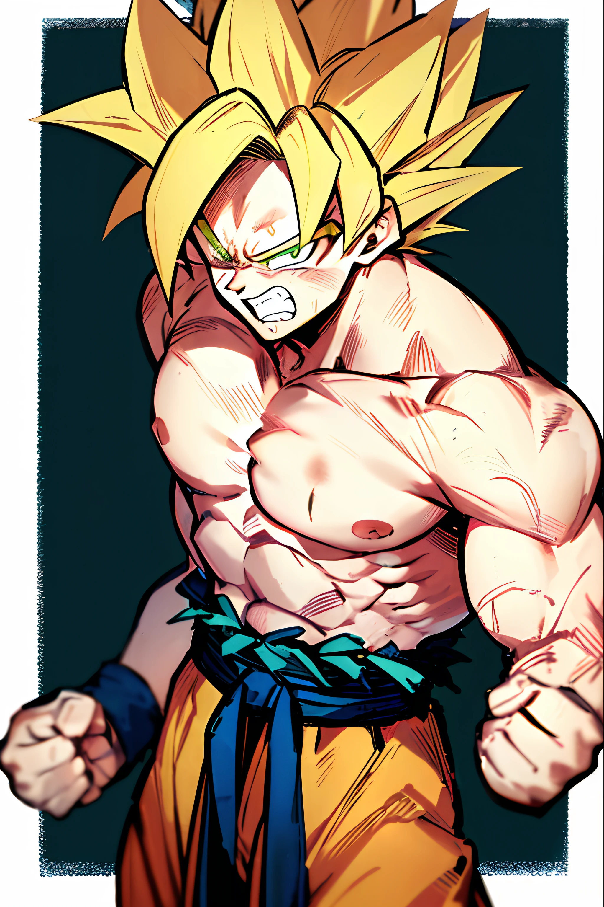 son goku, 1boy, angry, battle damage, blonde hair, blue sash, clenched teeth, furious, green eyes, male focus, muscular, muscular male, pectorals, sash, solo, spiked hair, super saiyan, super saiyan 1, teeth, topless male, torn clothes, wristband, ((masterpiece))