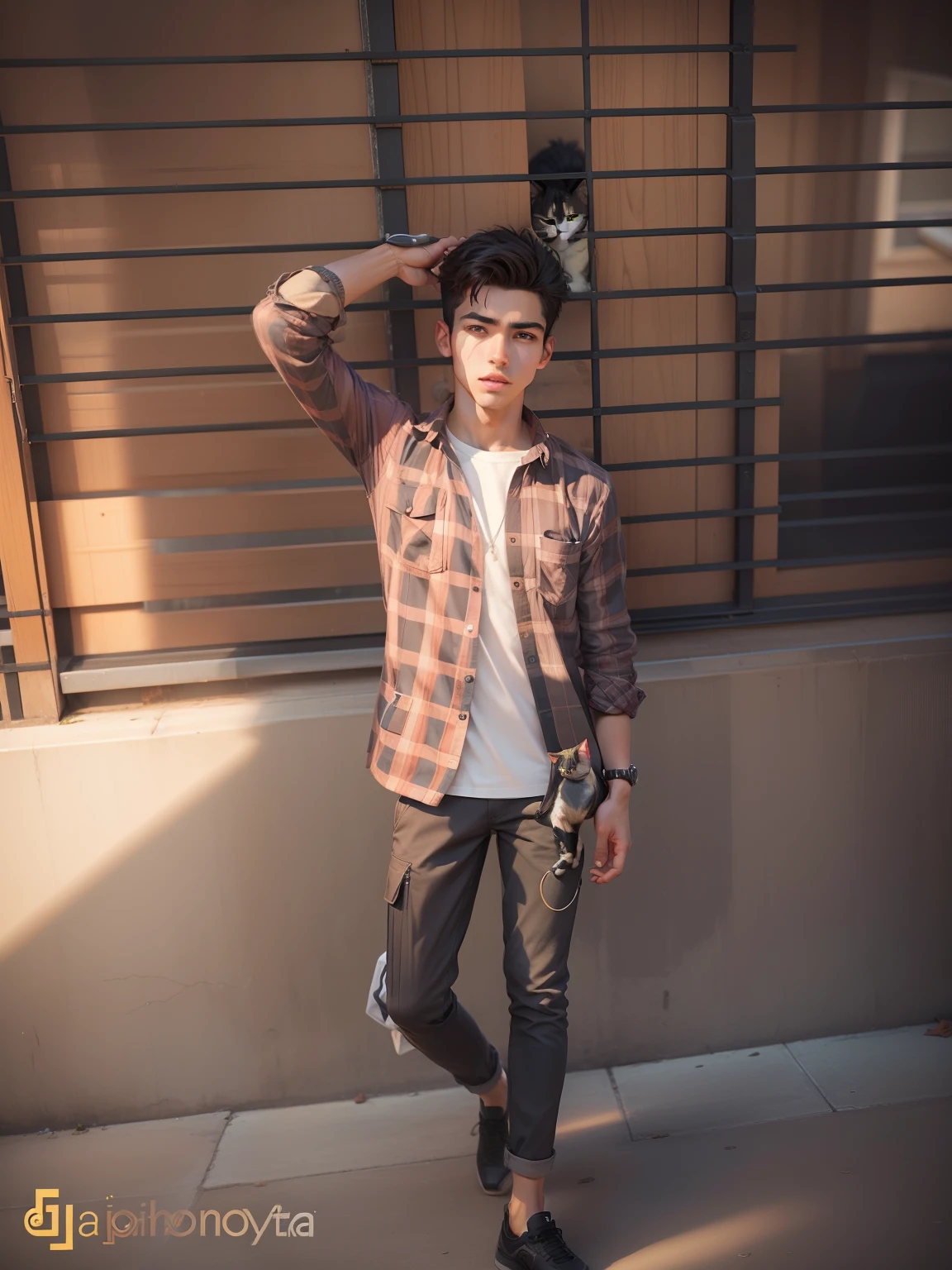 Change baground handsome boy altra realistic with cat, smart boy