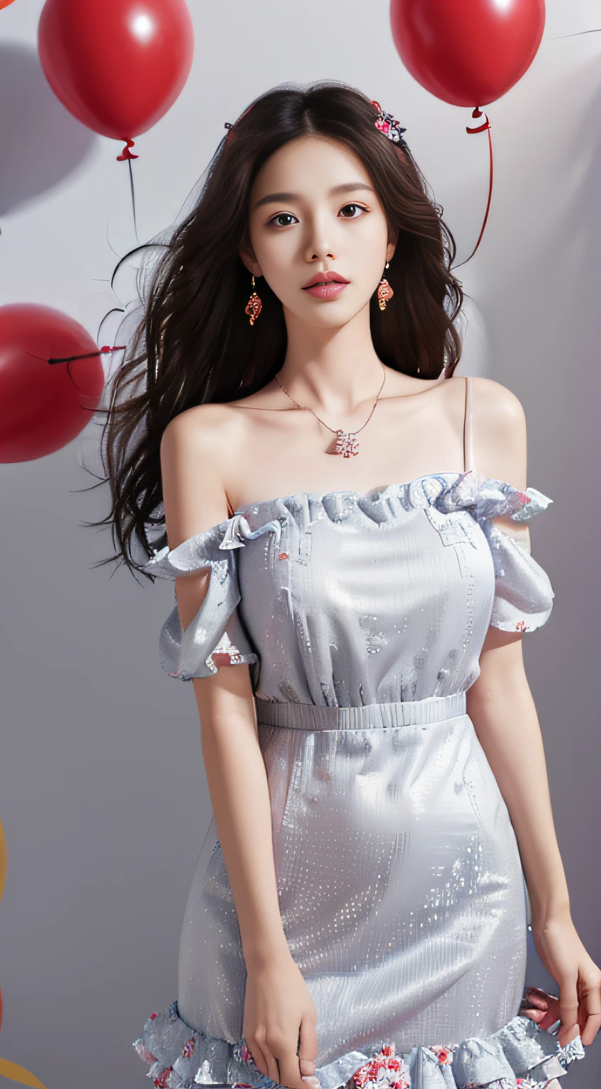 Girl, solo, jewelry, long hair, necklace, earrings, looking at the audience, cowboy camera, off shoulder, wavy hair, bare shoulders, the whole picture is bright, background is white wall, gray eyes, lips, parted lips, skirt, ruffles, (red dress :1.3), colored balloons, blue red yellow balloons, Winnie the Pooh, (flower background :1.5),