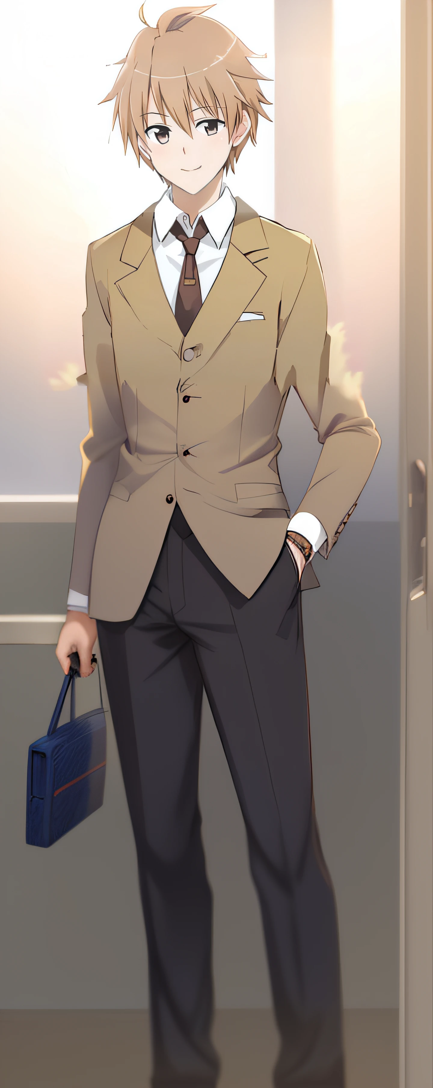 Anime image of a man in a suit and tie standing in front of the window, young anime man, as an anime character, Anime handsome man, Tall anime guy with blue eyes, hajime yatate, ( ( ( yoshinari yoh ) ) ), male anime character, okita sougo, makoto kano, honest, Shinkai sincerely