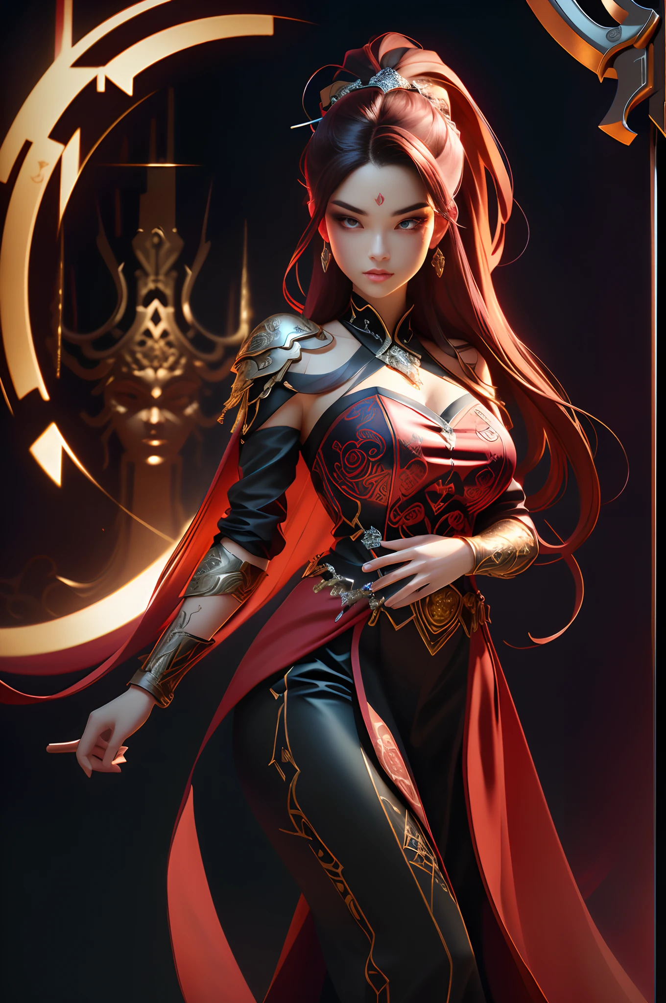 ultra-wide-angle, on focus, dark epic background, gorgeous lifelike, Dynamic pose, a young lady, (Highly detailed face and eyes:1.3), Arrogant expression, holding red lightsaber in his hand, Medium shot, Ultra - Detailed information, lighting art, Cinematic, insanely details, Intricate details, ultra - detailed, Goth, fractalized, dark shot