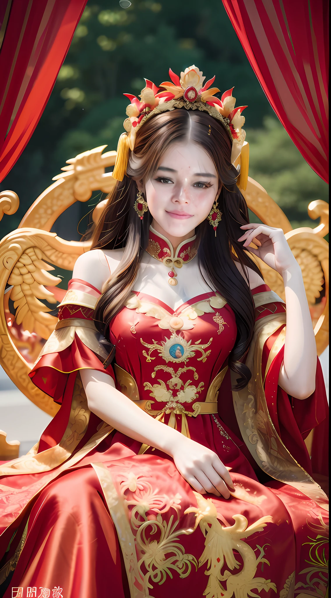 arafed woman in a red dress sitting on a gold throne, a beautiful fantasy empress, ((a beautiful fantasy empress)), chinese princess, chinese empress, ancient chinese princess, chinese costume, chinese dress, ornate cosplay, palace , a girl in hanfu, sha xi, inspired by Du Qiong, inspired by Lan Ying, royal elegant pose, traditional chinese