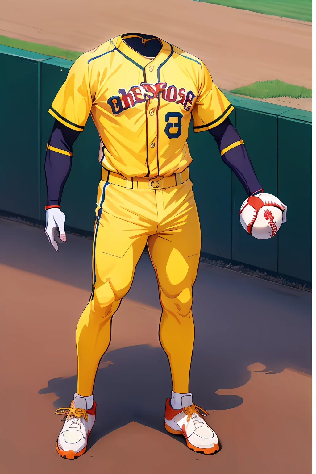 (masutepiece:1.4), (Best Quality), (Detailed), 1male in, ((invisible)), No humans, Faceless, Headless, baseball uniform, yellow undershirt, white uniform, yellow socks, no shooes, private