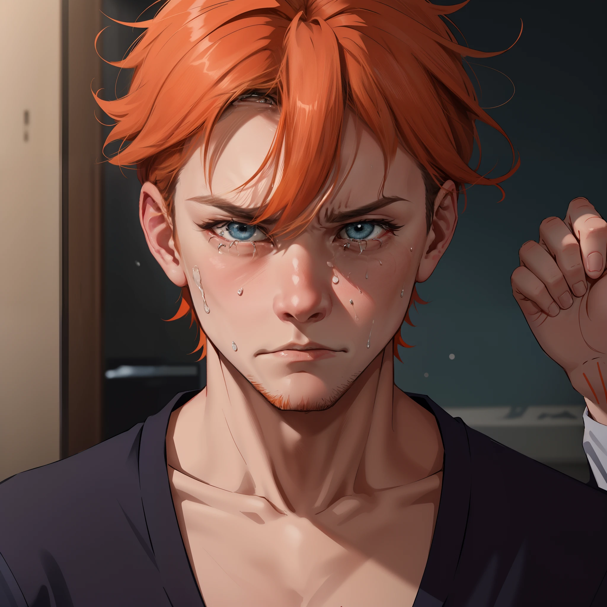 His face is hateful rage anger wants to destroy 15-year-old orange-haired boy cries with sadness because his friend has died, su rostro se va llenado de odio