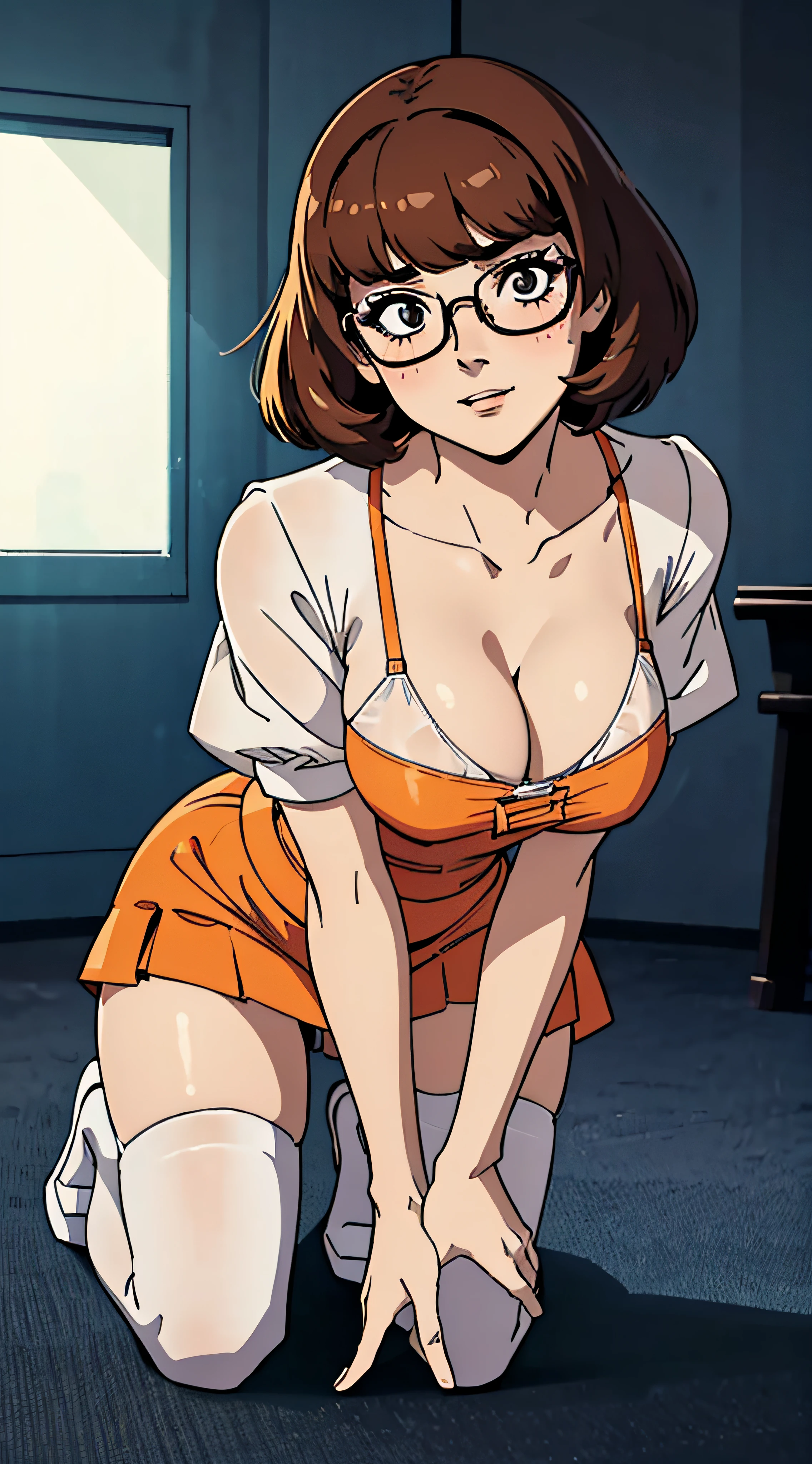 masterpiece,  (volumetric lighting:1.5), (atmospheric:1.5), best quality, best artist, 4k wallpaper, 1girl, velma, glasses, happy, large breasts, looking_at_viewer, solo, on all fours, blush, Brown hair, see thru orange sun dress, full body portrait, no background, perfect face, detailed face, bangs, perfect body, beautiful eyes, pretty face, bright skin, idol, cleavage, white stockings, unbutton top, white panties, full body, shoes visible