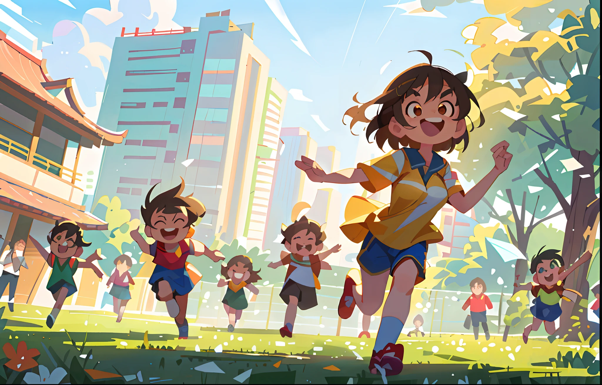 Several people ran on the grass,In the background is a building, is playing happily, cheerful big breasts, inspired by Ding Yunpeng, Masterpiece!, Correr libremente, Kids playing, running towards camera, joyous, a long-shot, um dia ensolarado, Very excited, wonderful masterpiece, Run to the camera,with her mouth open,Toothy smile,Crazy smile,enthusiastic,Glowing eyes,beautiful pupil,long eyelasher,Perfect facial features,The eyes are bright、There is God,The eyebrows are thick、Slender,The nose is straight、Tall one,The smile is bright、The warm,The face shape is round or long,The chin is sharp、Mellow,The five senses are coordinated、Harmonious,Smooth facial lines、downy