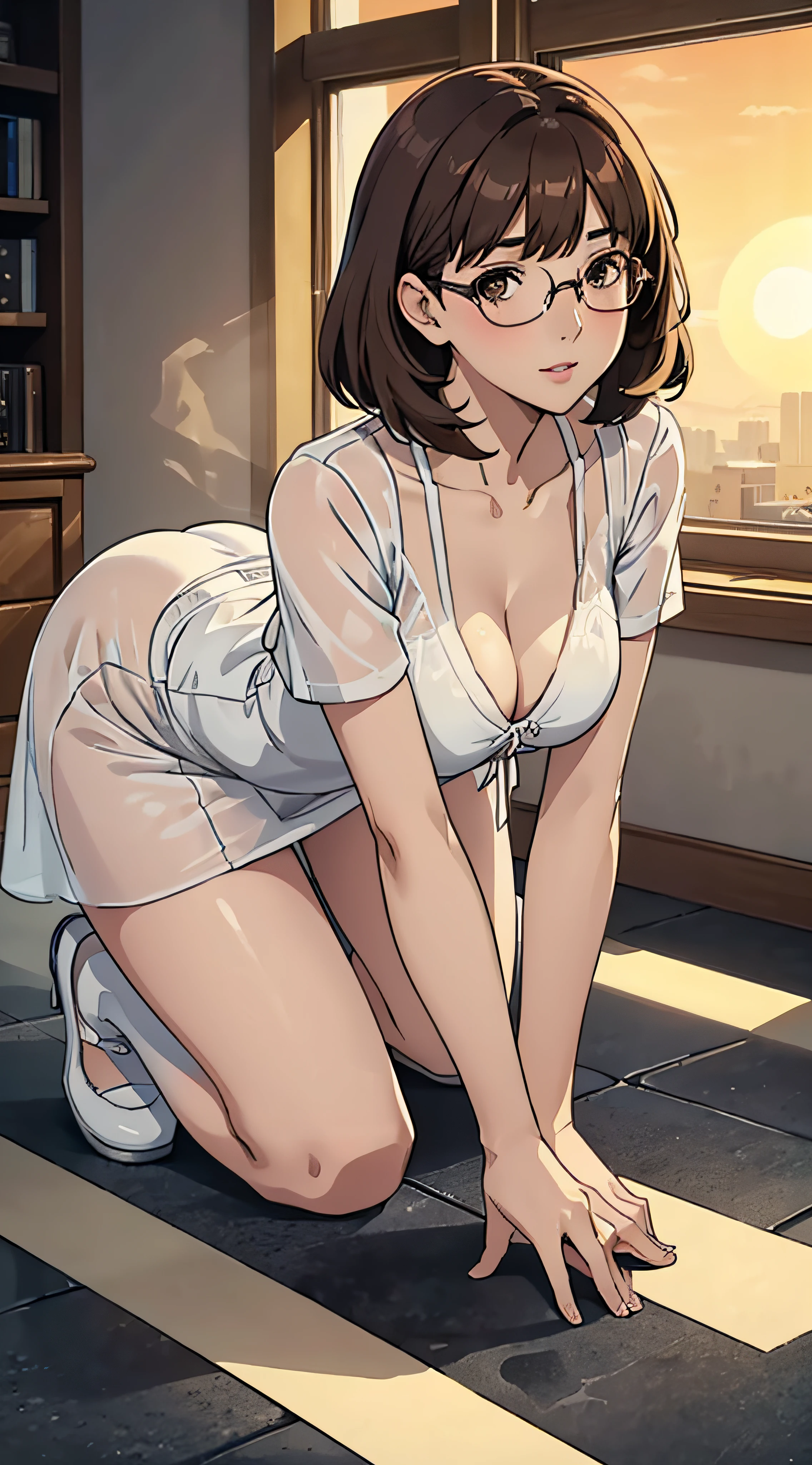 masterpiece, (volumetric lighting:1.5), (atmospheric:1.5), best quality, best artist, 4k wallpaper, 1girl, velma, glasses, happy, large breasts, looking_at_viewer, solo, on all fours, blush, Brown hair, see thru orange sun dress, full body portrait, no background, perfect face, detailed face, bangs, perfect body, beautiful eyes, pretty face, bright skin, idol, cleavage, white stockings, unbutton top, white panties, full body, shoes visible