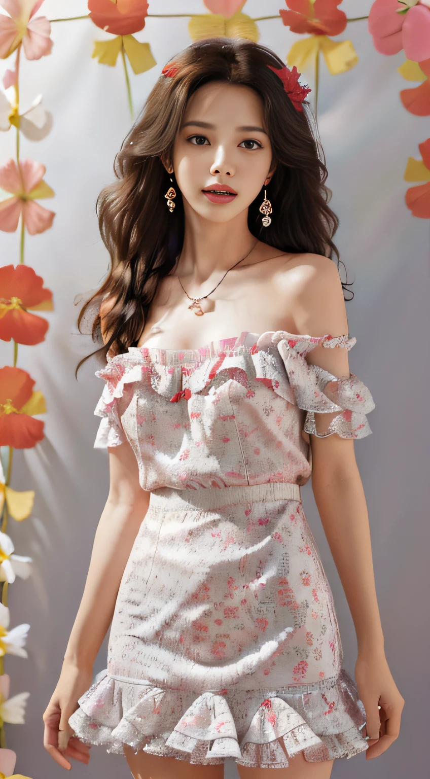 1girl,solo,jewelry,long hair,necklace,earrings,looking at viewer,cowboy shot,off shoulder,wavy hair,bare shoulders,The whole picture is bright, the background is white wall，grey eyes,lips,parted lips,skirt,frills,(red dress:1.3),colorful balloons,winnie the pooh,(flower background:1.5),