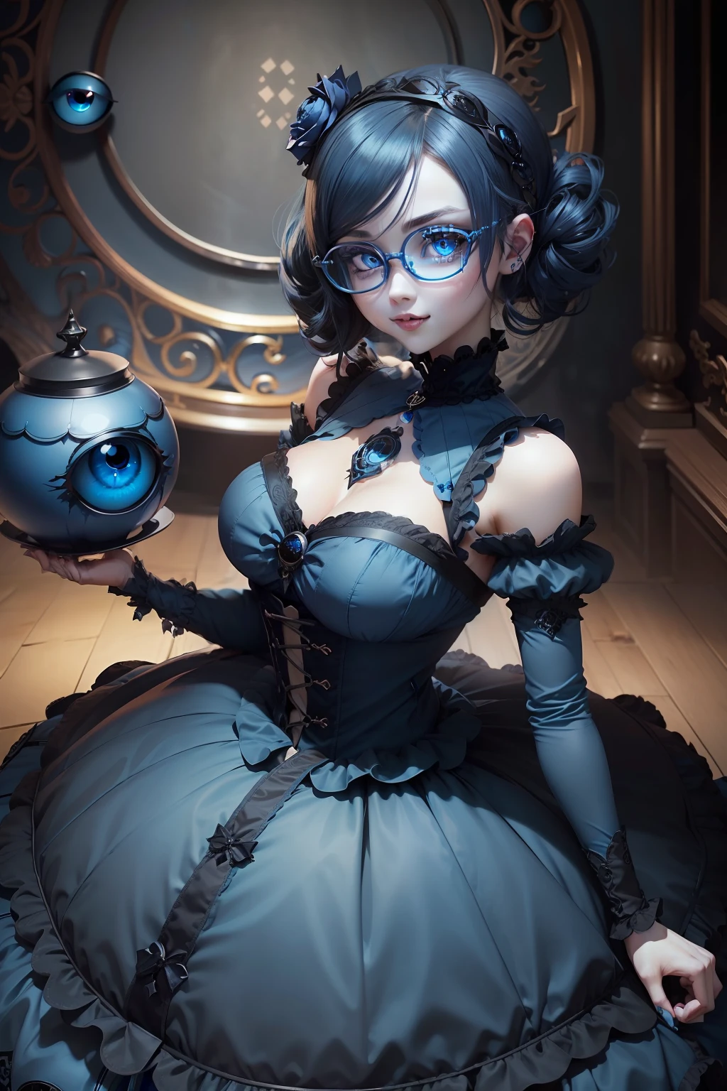 (((Gothic))),an Quority(((blue color eyes))),((Black ball hairstyle)),With((((Large round frame eyes)))),Smiling((((one-girl))))。