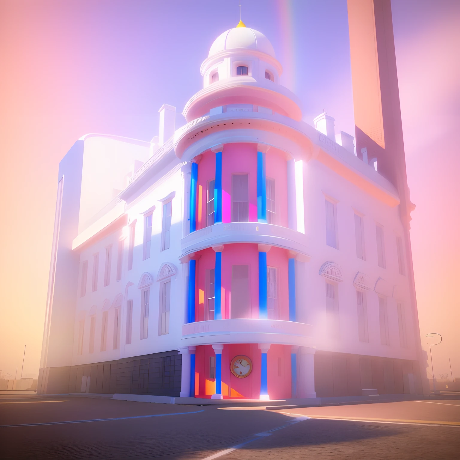 Colorful, Colorful rainbow background, arafed image of a white building with a clock tower, rendered in 3 dsmax, hyper detailed 3 d render, hyper detailed 3d render, highly detailed 3 d render, highly detailed 3d render, architecture render, detailed intricate render, rendered in keyshot, rendered in octane 3d, depicted as a 3 d render, detailed 3 d render, in the style of Peter Max