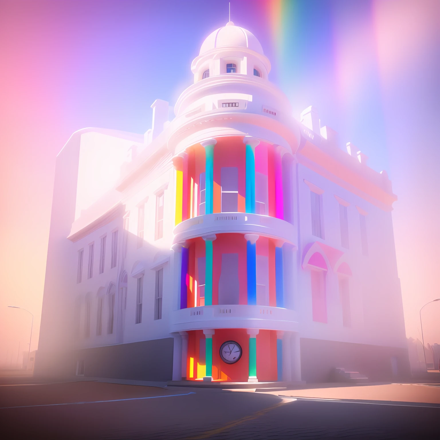 Colorful, Colorful rainbow background, arafed image of a white building with a clock tower, rendered in 3 dsmax, hyper detailed 3 d render, hyper detailed 3d render, highly detailed 3 d render, highly detailed 3d render, architecture render, detailed intricate render, rendered in keyshot, rendered in octane 3d, depicted as a 3 d render, detailed 3 d render, in the style of Peter Max