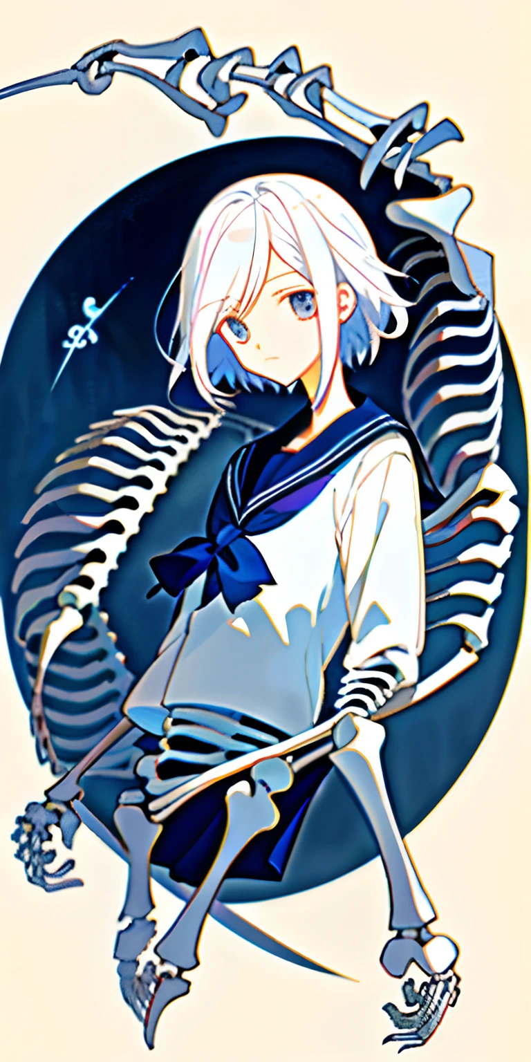 (tmasterpiece,best qualtiy),white color hair,femele,In sailor suit,There are skeleton elements on the clothes,Three View