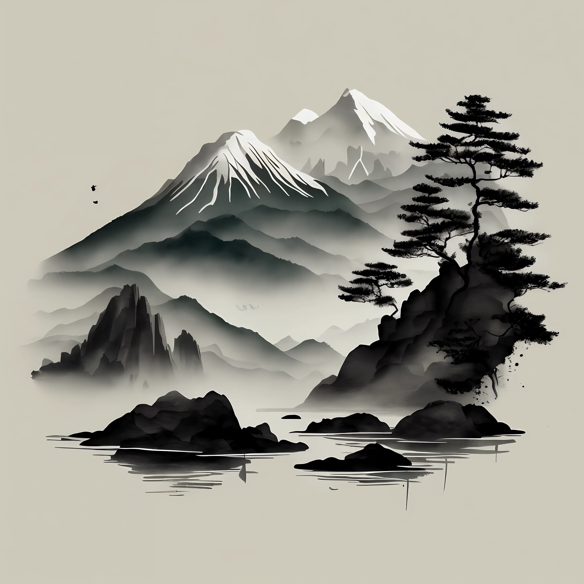 white background, scenery, ink, mountains, water, trees